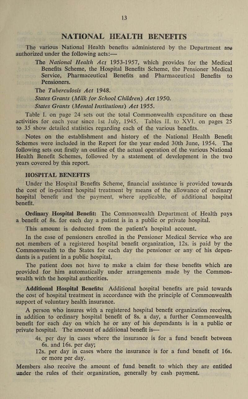 NATIONAL HEALTH BENEFITS The various National Health benefits administered by the Department ar%> authorized under the following acts:— The National Health Act 1953-1957, which provides for the Medical Benefits Scheme, the Hospital Benefits Scheme, the Pensioner Medical Service, Pharmaceutical Benefits and Pharmaceutical Benefits to Pensioners. The Tuberculosis Act 1948. States Grants (Milk for School Children) Act 1950. States Grants (Mental Institutions) Act 1955. Table I. on page 24 sets out the total Commonwealth expenditure on these activities for each year since 1st July, 1945. Tables II. to XVI. on pages 25 to 35 show detailed statistics regarding each of the various benefits. Notes on the establishment and history of the National Health Benefit Schemes were included in the Report for the year ended 30th June, 1954. The following sets out firstly an outline of the actual operation of the various National Health Benefit Schemes, followed by a statement of development in the two years covered by this report. HOSPITAL BENEFITS Under the Hospital Benefits Scheme, financial assistance is provided towards the cost of in-patient hospital treatment by means of the allowance of ordinary hospital benefit and the payment, where applicable, of additional hospital benefit. Ordinary Hospital Benefit: The Commonwealth Department of Health pays a benefit of 8s. for each day a patient is in a public or private hospital. This amount is deducted from the patient’s hospital account. In the case of pensioners enrolled in the Pensioner Medical Service who are not members of a registered hospital benefit organization, 12s. is paid by the Commonwealth to the States for each day the pensioner or any of his depen¬ dants is a patient in a public hospital. The patient does not have to make a claim for these benefits which are provided for him automatically under arrangements made by the Common¬ wealth with the hospital authorities. Additional Hospital Benefits: Additional hospital benefits are paid towards the cost of hospital treatment in accordance with the principle of Commonwealth support of voluntary health insurance. A person who insures with a registered hospital benefit organization receives, in addition to ordinary hospital benefit of 8s. a day, a further Commonwealth benefit for each day on which he or any of his dependants is in a public or private hospital. The amount of additional benefit is— 4s. per day in cases where the insurance is for a fund benefit between 6s, and 16s. per day; 12s. per day in cases where the insurance is for a fund benefit of 16s. or more per day. Members also receive the amount of fund benefit to which they are entitled under the rules of their organization, generally by cash payment.