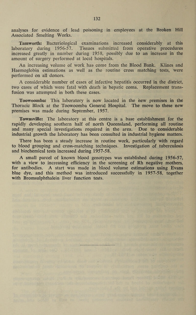 analyses for evidence of lead poisoning in employees at the Broken Hill Associated Smelting Works. Tamworth: Bacteriological examinations increased considerably at this laboratory during 1956-57. Tissues submitted from operative procedures increased greatly in number during 1958, possibly due to an increase in the amount of surgery performed at local hospitals. An increasing volume of work has come from the Blood Bank. Klines and Haemoglobin estimations as well as the routine cross matching tests, were performed on all donors. A considerable number of cases of infective hepatitis occurred in the district, two cases of which were fatal with death in hepatic coma. Replacement trans¬ fusion was attempted in both these cases. Toowoomba: This laboratory is now located in the hew premises in the Thoracic Block at the Toowoomba General Hospital. The move to these new premises was made during September, 1957. Townsville: The laboratory at this centre is a base establishment for the rapidly developing southern half of north Queensland, performing all routine and many special investigations required in the area. Due to considerable industrial growth the laboratory has been consulted in industrial hygiene matters. There has been a steady increase in routine work, particularly with regard to blood grouping and cross-matching techniques. Investigation of tuberculosis and biochemical tests increased during 1957-58. A small parcel of known blood genotypes was established during 1956-57, with a view to increasing efficiency in the screening of Rh negative mothers, for antibodies. A start was made in blood volume estimations using Evans blue dye, and this method was introduced successfully in 1957-58, together with Bromsulphthalein liver function tests.