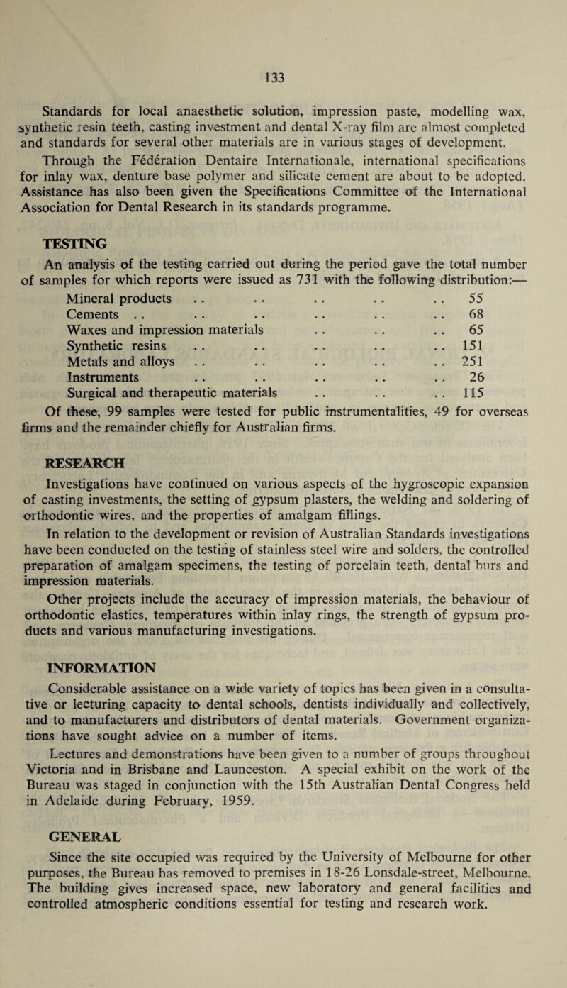 Standards for local anaesthetic solution, impression paste, modelling wax, synthetic resin teeth, casting investment and dental X-ray film are almost completed and standards for several other materials are in various stages of development. Through the Federation Dentaire Internationale, international specifications for inlay wax, denture base polymer and silicate cement are about to be adopted. Assistance has also been given the Specifications Committee of the International Association for Dental Research in its standards programme. TESTING An analysis of the testing carried out during the period gave the total number of samples for which reports were issued as 731 with the following distribution:— Mineral products . . . . . . .. . . 55 Cements . . . . . . . . . . . . 68 Waxes and impression materials . . . . . . 65 Synthetic resins . . . . . . . . . . 151 Metals and alloys . . . . . . . . . . 251 Instruments . . . . . . .. . . 26 Surgical and therapeutic materials . . . . . . 115 Of these, 99 samples were tested for public instrumentalities, 49 for overseas firms and the remainder chiefly for Australian firms. RESEARCH Investigations have continued on various aspects of the hygroscopic expansion of casting investments, the setting of gypsum plasters, the welding and soldering of orthodontic wires, and the properties of amalgam fillings. In relation to the development or revision of Australian Standards investigations have been conducted on the testing of stainless steel wire and solders, the controlled preparation of amalgam specimens, the testing of porcelain teeth, dental burs and impression materials. Other projects include the accuracy of impression materials, the behaviour of orthodontic elastics, temperatures within inlay rings, the strength of gypsum pro¬ ducts and various manufacturing investigations. INFORMIATION Considerable assistance on a wide variety of topics has been given in a consulta¬ tive or lecturing capacity to dental schools, dentists individually and collectively, and to manufacturers and distributors of dental materials. Government organiza¬ tions have sought advice on a number of items. Lectures and demonstrations have been given to a number of groups throughout Victoria and in Brisbane and Launceston. A special exhibit on the work of the Bureau was staged in conjunction with the 15th Australian Dental Congress held in Adelaide during February, 1959. GENERAL Since the site occupied was required by the University of Melbourne for other purposes, the Bureau has removed to premises in 18-26 Lonsdale-street, Melbourne. The building gives increased space, new laboratory and general facilities and controlled atmospheric conditions essential for testing and research work.