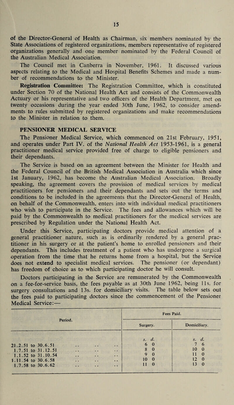 of the Director-General of Health as Chairman, six members nominated by the State Associations of registered organizations, members representative of registered organizations generally and one member nominated by the Federal Council of the Australian Medical Association. The Council met in Canberra in November, 1961. It discussed various aspects relating to the Medical and Hospital Benefits Schemes and made a num¬ ber of recommendations to the Minister. Registration Committee: The Registration Committee, which is constituted under Section 70 of the National Health Act and consists of the Commonwealth Actuary or his representative and two officers of the Health Department, met on twenty occasions during the year ended 30th June, 1962, to consider amend¬ ments to rules submitted by registered organizations and make recommendations to the Minister in relation to them. PENSIONER MEDICAL SERVICE The Pensioner Medical Service, which commenced on 21st February, 1951, and operates under Part IV. of the National Health Act 1953-1961, is a general practitioner medical service provided free of charge to eligible pensioners and their dependants. The Service is based on an agreement between the Minister for Health and the Federal Council of the British Medical Association in Australia which since 1st January, 1962, has become the Australian Medical Association. Broadly speaking, the agreement covers the provision of medical services by medical practitioners for pensioners and their dependants and sets out the terms and conditions to be included in the agreements that the Director-General of Health, on behalf of the Commonwealth, enters into with individual medical practitioners who wish to participate in the Service. The fees and allowances which will be paid by the Commonwealth to medical practitioners for the medical services are prescribed by Regulation under the National Health Act. Under this Service, participating doctors provide medical attention of a general practitioner nature, such as is ordinarily rendered by a general prac¬ titioner in his surgery or at the patient’s home to enrolled pensioners and their dependants. This includes treatment of a patient who has undergone a surgical operation from the time that he returns home from a hospital, but the Service does not extend to specialist medical services. The pensioner (or dependant) has freedom of choice as to which participating doctor he will consult. Doctors participating in the Service are remunerated by the Commonwealth on a fee-for-service basis, the fees payable as at 30th June 1962, being 11s. for surgery consultations and 13s. for domiciliary visits. The table below sets out the fees paid to participating doctors since the commencement of the Pensioner Medical Service:— Fees Paid. Period. Surgery. Domiciliary. 21.2.51 to 30.6.51 1.7.51 to 31.12.51 1.1.52 to 31.10.54 1.11.54 to 30.6.58 1.7.58 to 30.6.62 s. d. 6 0 8 0 9 0 10 0 11 0 s. d. 7 6 10 0 11 0 12 0 13 0