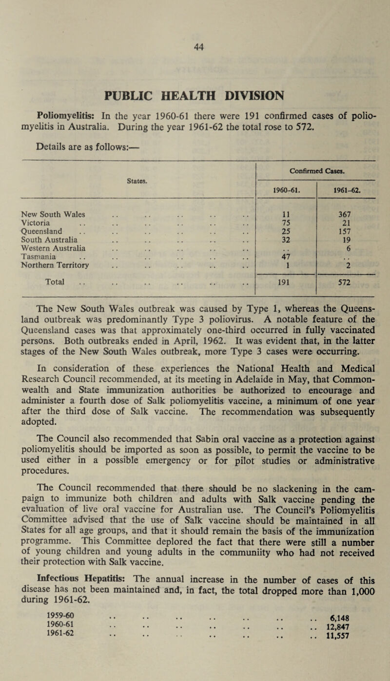 PUBLIC HEALTH DIVISION Poliomyelitis: In the year 1960-61 there were 191 confirmed cases of polio¬ myelitis in Australia. During the year 1961-62 the total rose to 572. Details are as follows:— States. Confirmed Cases. 1960-61. 1961-62. New South Wales 11 367 Victoria 75 21 Queensland 25 157 South Australia 32 19 Western Australia ^ # 6 Tasmania 47 Northern Territory 1 2 Total 191 572 The New South Wales outbreak was caused by Type 1, whereas the Queens¬ land outbreak was predominantly Type 3 poliovirus. A notable feature of the Queensland cases was that approximately one-third occurred in fully vaccinated persons. Both outbreaks ended in April, 1962. It was evident that, in the latter stages of the New South Wales outbreak, more Type 3 cases were occurring. In consideration of these experiences the National Health and Medical Research Council recommended, at its meeting in Adelaide in May, that Common¬ wealth and State immunization authorities be authorized to encourage and administer a fourth dose of Salk poliomyelitis vaccine, a minimum of one year after the third dose of Salk vaccine. The recommendation was subsequently adopted. The Council also recommended that Sabin oral vaccine as a protection against poliomyelitis should be imported as soon as possible, to permit the vaccine to be used either in a possible emergency or for pilot studies or administrative procedures. The Council recommended that there should be no slackening in the cam¬ paign to immunize both children and adults with Salk vaccine pending the evaluation of live oral vaccine for Australian use. The Council’s Poliomyelitis Committee advised that the use of Salk vaccine should be maintained in all States for all age groups, and that it should remain the basis of the immunization programme. This Committee deplored the fact that there were still a number of young children and young adults in the communiity who had not received their protection with Salk vaccine. Infectious Hepatitis: The annual increase in the number of cases of this disease has not been maintained and, in fact, the total dropped more than 1,000 during 1961-62. 1959- 60 1960- 61 1961- 62 0,1 HO 12,847 11 KKl