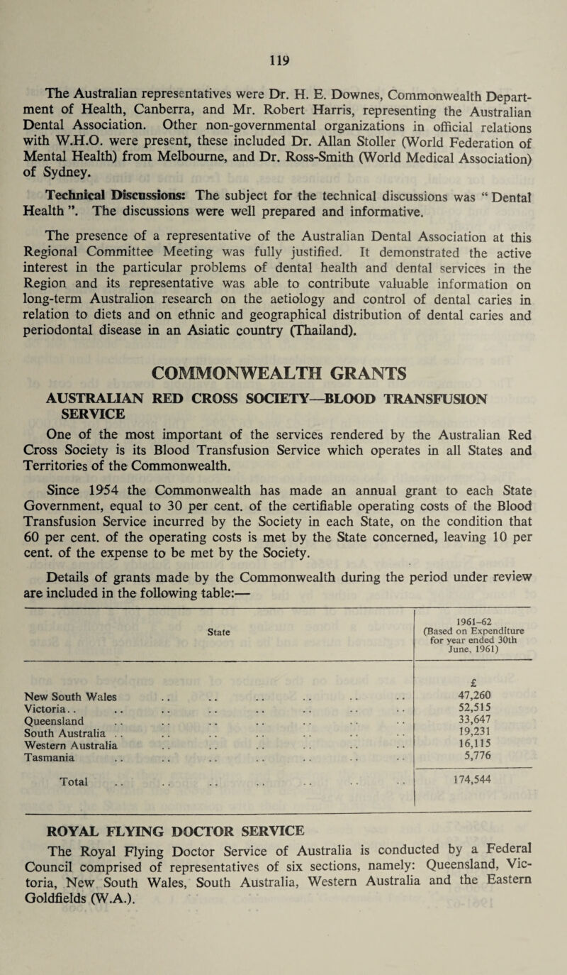The Australian representatives were Dr. H. E. Downes, Commonwealth Depart¬ ment of Health, Canberra, and Mr. Robert Harris, representing the Australian Dental Association. Other non-governmental organizations in official relations with W.H.O. were present, these included Dr. Allan St oiler (World Federation of Mental Health) from Melbourne, and Dr. Ross-Smith (World Medical Association) of Sydney. Technical Discussions: The subject for the technical discussions was “ Dental Health ”. The discussions were well prepared and informative. The presence of a representative of the Australian Dental Association at this Regional Committee Meeting was fully justified. It demonstrated the active interest in the particular problems of dental health and dental services in the Region and its representative was able to contribute valuable information on long-term Australion research on the aetiology and control of dental caries in relation to diets and on ethnic and geographical distribution of dental caries and periodontal disease in an Asiatic country (Thailand). COMMONWEALTH GRANTS AUSTRALIAN RED CROSS SOCIETY—BLOOD TRANSFUSION SERVICE One of the most important of the services rendered by the Australian Red Cross Society is its Blood Transfusion Service which operates in all States and Territories of the Commonwealth. Since 1954 the Commonwealth has made an annual grant to each State Government, equal to 30 per cent, of the certifiable operating costs of the Blood Transfusion Service incurred by the Society in each State, on the condition that 60 per cent, of the operating costs is met by the State concerned, leaving 10 per cent, of the expense to be met by the Society. Details of grants made by the Commonwealth during the period under review are included in the following table:— State 1961-62 (Based on Expenditure for year ended 30th June, 1961) £ New South V/ales 47,260 Victoria.. 52,515 Queensland 33,647 South Australia .. 19,231 Western Australia 16,115 Tasmania 5,776 Total 174,544 ROYAL FLYING DOCTOR SERVICE The Royal Flying Doctor Service of Australia is conducted by a Federal Council comprised of representatives of six sections, namely: Queensland, Vic¬ toria, New South Wales, South Australia, Western Australia and the Eastern Goldfields (W.A.).