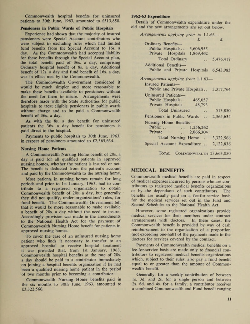 Commonwealth hospital benefits for uninsured patients to 30th June, 1963, amounted to £513,850. Pensioners in Public Wards of Public Hospitals Experience had shown that the majority of insured pensioners were Special Account contributors who were subject to excluding rules which had limited fund benefits from the Special Account to 16s. a day. As the Commonwealth had accepted liability for these benefits through the Special Account plan, the total benefit paid of 36s. a day, comprising Ordinary hospital benefit of 8s. a day, Additional benefit of 12s. a day and fund benefit of 16s. a day, was in effect met by the Commonwealth. The Commonwealth Government considered it would be much simpler and more reasonable to make these benefits available to pensioners without the need for them to insure. Arrangements were therefore made with the State authorities for public hospitals to treat eligible pensioners in public wards without charge and to be paid a Commonwealth benefit of 36s. a day. As with the 8s. a day benefit for uninsured patients the 36s. a day benefit for pensioners is paid direct to the hospital. Payments to public hospitals to 30th June, 1963, in respect of pensioners amounted to £2,365,634. Nursing Home Patients A Commonwealth Nursing Home benefit of 20s. a day is paid for all qualified patients in approved nursing homes, whether the patient is insured or not. The benefit is deducted from the patient’s account and paid by the Commonwealth to the nursing home. Most patients in nursing homes remain for long periods and prior to 1st January, 1963, had to con¬ tribute to a registered organization to obtain Commonwealth benefit of 20s. a day, but generally they did not qualify, under organizations’ rules, for fund benefit. The Commonwealth Government felt that it would be more reasonable to make available a benefit of 20s. a day without the need to insure. Accordingly provision was made in the amendments to the National Health Act for the payment of Commonwealth Nursing Home benefit for patients in approved nursing homes. To cover the case of an uninsured nursing home patient who finds it necessary to transfer to an approved hospital to receive hospital treatment it was provided that, from 1st January, 1963, Commonwealth hospital benefits at the rate of 20s. a day should be paid to a contributor immediately on joining a hospital benefits organization if he had been a qualified nursing home patient in the period of two months prior to becoming a contributor. Commonwealth Nursing Home benefits paid in the six months to 30th June, 1963, amounted to £3,322,566. 1962-63 Expenditure Details of Commonwealth expenditure under the old and the new arrangements are set out below. Arrangements applying prior to 1.1.63— £ £ Ordinary Benefits— Public Hospitals.. 3,606,955 Private Hospitals 1,869,462 Total Ordinary . . 5,476,417 Additional Benefits— Public and Private Hospitals 6,543,983 Arrangements applying from 1.1.63— Insured Patients— Public and Private Hospitals. . 3,317,764 Uninsured Patients— Public Hospitals. . 465,057 Private Hospitals 48,793 Total Uninsured . . 513,850 Pensioners in Public Wards . . 2,365,634 Nursing Home Benefits— Public.. .. 1,256,262 Private . . 2,066,304 Total Nursing Home . . 3,322,566 Special Account Expenditure . . 2,122,336 Total Commonwealth 23,663,050 MEDICAL BENEFITS Commonwealth medical benefits are paid in respect of medical expenses incurred by persons who are con¬ tributors to registered medical benefits organizations or by the dependants of such contributors. The benefits are usually paid on a fee-for-service basis for the medical services set out in the First and Second Schedules to the National Health Act. However, some registered organizations provide medical services for their members under contract arrangements with doctors. In these cases, the Commonwealth benefit is provided by way of cash reimbursement to the organization of a proportion (not exceeding one-half) of the payments made to the doctors for services covered by the contract. Payments of Commonwealth medical benefits on a fee-for-service basis are made only to financial con¬ tributors to registered medical benefits organizations which, subject to their rules, also pay a fund benefit equal to or greater than the amount of Common¬ wealth benefit. Generally, for a weekly contribution of between Is. 3d. and 2s. for a single person and between 2s. 6d. and 4s. for a family, a contributor receives a combined Commonwealth and Fund benefit ranging