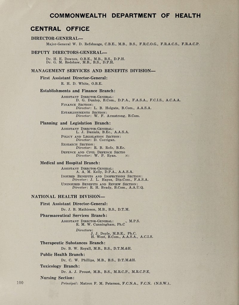 CENTRAL OFFICE DIRECTOR-GENERAL— Major-General W. D. Refshauge, C.B.E., M.B., B.S., F.R.C.O.G., F.R.A.C.S., F.R.A.C.P. DEPUTY DIRECTORS-GENERAL— Dr. H. E. Downes, O.B.E., M.B., B.S., D.P.H. Dr. G. M. Redshaw, M.B., B.S., D.P.H. MANAGEMENT SERVICES AND BENEFITS DIVISION— First Assistant Director-General: R. H. D. White, O.B.E. Establishments and Finance Branch: Assistant Director-General : D. G. Dunlop, B.Com., D.P.A., F.A.S.A., F.C.I.S., A.C.A.A. Finance Section: Director: L. B. Holgate, B.Com., A.A.S.A. Establishments Section: Director: W. F. Armstrong, B.Com. Planning and Legislation Branch: Assistant Director-General: L. J. Daniels, B.Ec., A.A.S.A. Policy and Legislation Section: Director: D. Corrigan. Research Section: Director: R. B. Rofe, B.Ec. Defence and Civil Defence Sectio Director: W. P. Ryan. n: Medical and Hospital Branch: Assistant Director-General: A. A. M. Kelly, D.P.A., A.A.S.A. Insured Benefits and Inspections Section: Director: J. L. Hayes, Dip.Com., F.A.S.A. Uninsured Benefits and Review Section: Director: R. H. Brady, B.Com., A.A.U.Q. NATIONAL HEALTH DIVISION— First Assistant Director-General: Dr. J. B. Mathieson, M.B., B.S., D.T.M. Pharmaceutical Services Branch: Assistant Director-General: ., M.P.S. R. M. W. Cunningham, Ph.C Directors: J. J. Doyle, M.B.E., Ph.C. H. West, B.Com., A.A.S.A., A.C.I.S. Therapeutic Substances Branch: Dr. B. W. Royall, M.B., B.S., D.T.M.&H. Public Health Branch: Dr. C. W. Phillips, M.B., B.S., D.T.M.&H. Toxicology Branch: Dr. A. J. Proust, M.B., B.S., M.R.C.P., M.R.C.P.E. Nursing Section: Principal: Matron F. M. Peterson, F.C.N.A., F.C.N. (N.S.W.).