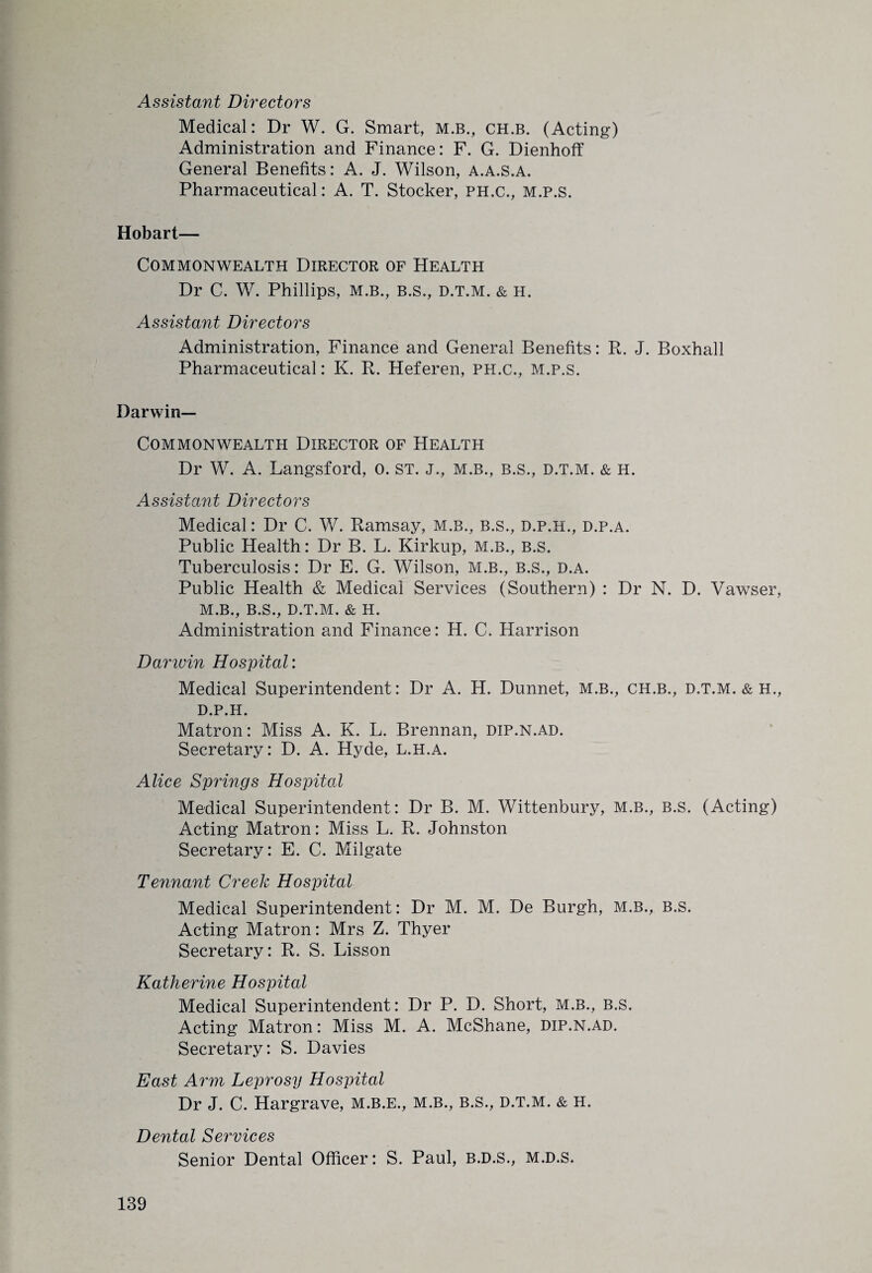 Assistant Directors Medical: Dr W. G. Smart, m.b., ch.b. (Acting) Administration and Finance: F. G. Dienhoff General Benefits: A. J. Wilson, a.a.s.a. Pharmaceutical: A. T. Stocker, ph.c., m.p.s. Hobart— Commonwealth Director of Health Dr C. W. Phillips, m.b., B.s., d.t.m. & h. Assistant Directors Administration, Finance and General Benefits: R. J. Boxhall Pharmaceutical: K. R. Heferen, ph.c., m.p.s. Darwin— Commonwealth Director of Health Dr W. A. Langsford, 0. ST. J., m.b., b.s., d.t.m. & H. Assistant Directors Medical: Dr C. W. Ramsay, m.b., b.s., d.p.h., d.p.a. Public Health: Dr B. L. Kirkup, m.b., b.s. Tuberculosis: Dr E. G. Wilson, m.b., b.s., d.a. Public Health & Medical Services (Southern) : Dr N. D. Vawser, M.B., B.S., D.T.M. & H. Administration and Finance: H. C. Harrison Darwin Hospital: Medical Superintendent: Dr A. H. Dunnet, m.b., ch.b., d.t.m. & h., d.p.h. Matron: Miss A. K. L. Brennan, dip.n.ad. Secretary: D. A. Hyde, L.H.A. Alice Springs Hospital Medical Superintendent: Dr B. M. Wittenbury, m.b., b.s. (Acting) Acting Matron: Miss L. R. Johnston Secretary: E. C. Milgate Tennant Creek Hospital Medical Superintendent: Dr M. M. De Burgh, M.B., B.s. Acting Matron: Mrs Z. Thyer Secretary: R. S. Lisson Katherine Hospital Medical Superintendent: Dr P. D. Short, M.B., B.s. Acting Matron: Miss M. A. McShane, dip.n.ad. Secretary: S. Davies East Arm Leprosy Hospital Dr J. C. Hargrave, M.B.E., M.B., B.S., D.T.M. & H. Dental Services Senior Dental Officer: S. Paul, B.D.S., m.d.s.