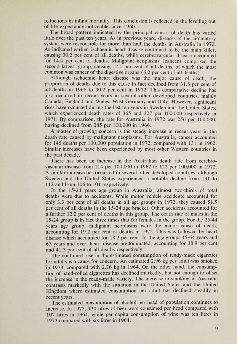 reductions in infant mortality. This conclusion is reflected in the levelling out of life expectancy noticeable since 1960. The broad pattern indicated by the principal causes of death has varied little over the past ten years. As in previous years, diseases of the circulatory system were responsible for more than half the deaths in Australia in 1972. As indicated earlier, ischaemic heart disease continued to be the main killer, causing 30.2 per cent of all deaths, while cerebrovascular disease accounted for 14.4 per cent of deaths. Malignant neoplasms (cancer) comprised the second largest group, causing 17.1 per cent of all deaths, of which the most common was cancer of the digestive organs (6.2 per cent of all deaths). Although ischaemic heart disease was the major cause of death, the proportion of deaths due to this cause in fact declined from 31.8 per cent of all deaths in 1966 to 30.2 per cent in 1972. This comparative decline has also occurred in recent years in several other developed countries, mainly Canada, England and Wales, West Germany and Italy. However, significant rises have occurred during the last ten years in Sweden and the United States, which experienced death rates of 365 and 327 per 100,000 respectively in 1971. By comparison, the rate for Australia in 1972 was 256 per 100,000, having declined from 285 per 100,000 in 1966. A matter of growing concern is the steady increase in recent years in the death rate caused by malignant neoplasms. For Australia, cancer accounted for 145 deaths per 100,000 population in 1972, compared with 131 in 1962. Similar increases have been experienced by most other Western countries in the past decade. There has been an increase in the Australian death rate from cerebro¬ vascular disease from 114 per 100,000 in 1962 to 122 per 100,000 in 1972. A similar increase has occurred in several other developed countries, although Sweden and the United States experienced a notable decline from 131 to 112 and from 106 to 101 respectively. In the 15-24 years age group in Australia, almost two-thirds of total deaths were due to accidents. While motor vehicle accidents accounted for only 3.3 per cent of all deaths in all age groups in 1972, they caused 51.5 per cent of all deaths in the 15-24 age bracket. Other accidents accounted for a further 12.2 per cent of deaths in this group. The death rate of males in the 15-24 group is in fact three times that for females in the group. For the 25-44 years age group, malignant neoplasms were the major cause of death, accounting for 19.2 per cent of deaths in 1972. This was followed by heart disease which accounted for 18.2 per cent. In the age groups 45-64 years and 65 years and over, heart disease predominated, accounting for 38.9 per cent and 41.3 per cent of all deaths respectively. The continued rise in the estimated consumption of ready-made cigarettes for adults is a cause for concern. An estimated 2.96 kg per adult was smoked in 1973, compared with 2.76 kg in 1964. On the other hand, the consump¬ tion of hand-rolled cigarettes has declined markedly, but not enough to offset the increase in the ready-made variety. The increase in smoking in Australia contrasts markedly with the situation in the United States and the United Kingdom where estimated consumption per adult has declined steadily in recent years. The estimated consumption of alcohol per head of population continues to increase. In 1973, 130 litres of beer were consumed per head compared with 107 litres in 1964, while per capita consumption of wine was ten litres in 1973 compared with six litres in 1964.