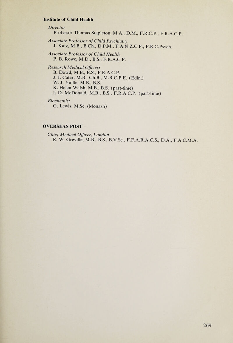 Institute of Child Health Director Professor Thomas Stapleton, M.A., D.M., F.R.C.P., F.R.A.C.P. Associate Professor of Child Psychiatry J. Katz, M.B., B.Ch., D.P.M., F.A.N.Z.C.P., F.R.C.Psych. Associate Professor of Child Health P. B. Rowe, M.D., B.S., F.R.A.C.P. Research Medical Officers B. Dowd, M.B., B.S., F.R.A.C.P. J. I. Cater, M.B., Ch.B., M.R.C.P.E. (Edin.) W. J. Yuille, M.B., B.S. K. Helen Walsh, M.B., B.S. (part-time) J. D. McDonald, M.B., B.S., F.R.A.C.P. (part-time) Biochemist G. Lewis, M.Sc. (Monash) OVERSEAS POST Chief Medical Officer, London R. W. Greville, M.B., B.S., B.V.Sc., F.F.A.R.A.C.S., D.A., F.A.C.M.A.