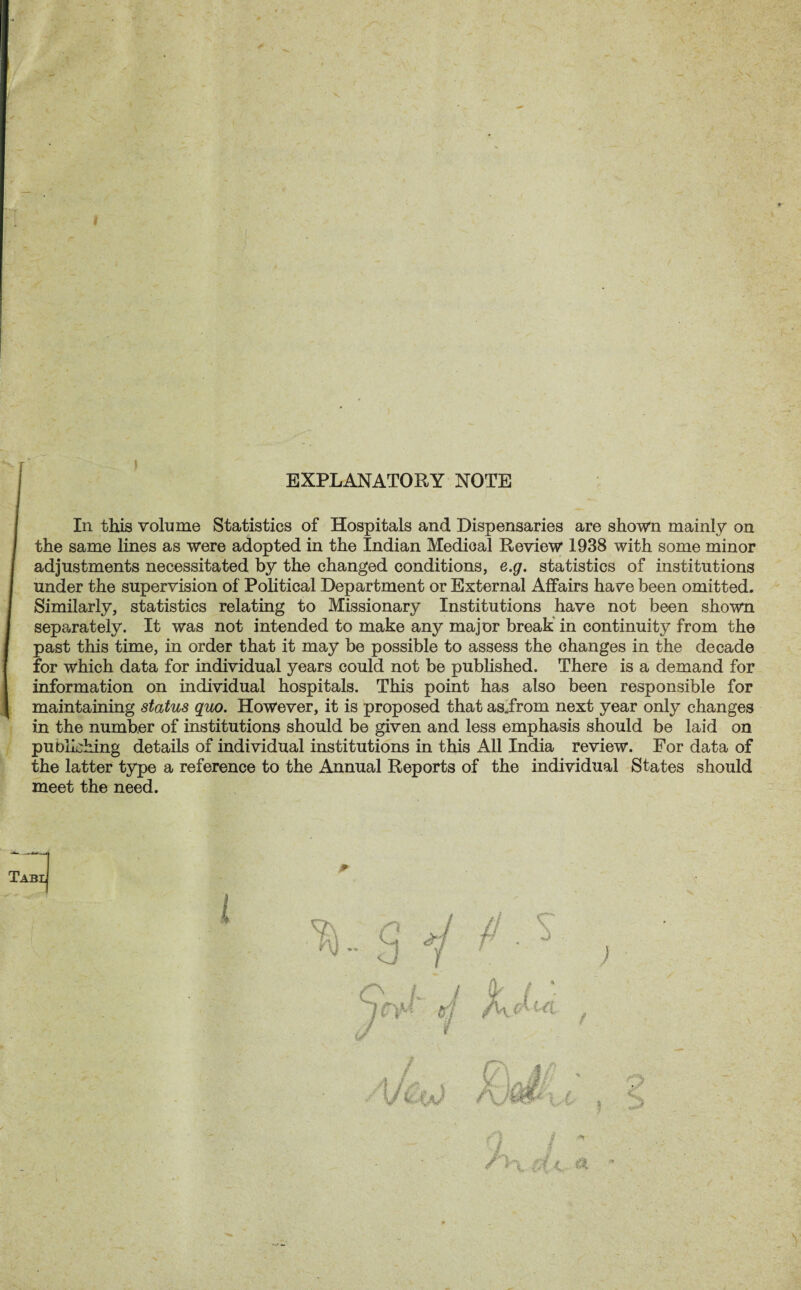 ■T EXPLANATORY NOTE In this volume Statistics of Hospitals and Dispensaries are shown mainly on the same lines as were adopted in the Indian Medical Review 1938 with some minor adjustments necessitated by the changed conditions, e.g. statistics of institutions under the supervision of Political Department or External Affairs have been omitted. Similarly, statistics relating to Missionary Institutions have not been shown separately. It was not intended to make any major break in continuity from the past this time, in order that it may be possible to assess the changes in the decade for which data for individual years could not be published. There is a demand for information on individual hospitals. This point has also been responsible for maintaining status quo. However, it is proposed that asffrom next year only changes in the number of institutions should be given and less emphasis should be laid on punliching details of individual institutions in this All India review. For data of the latter type a reference to the Annual Reports of the individual States should meet the need.