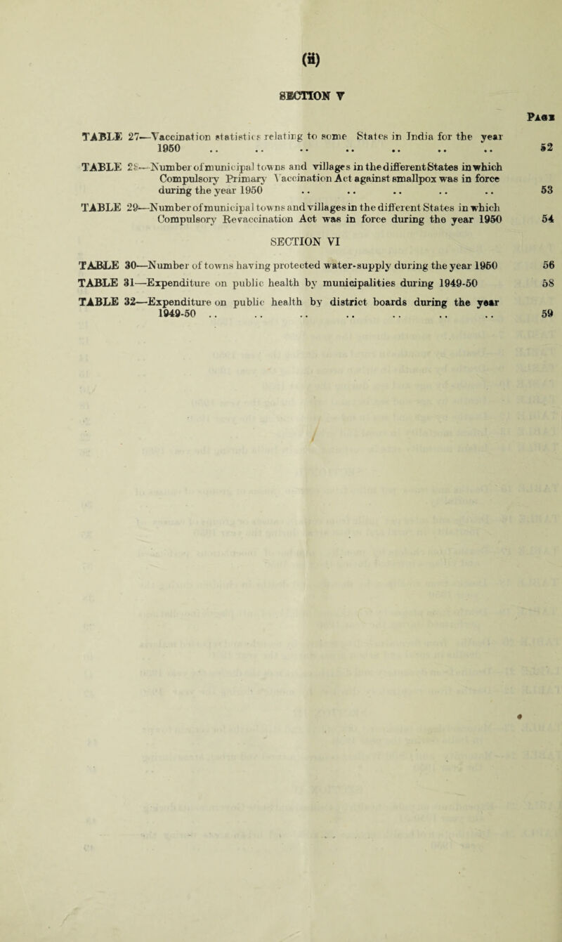 («) SECTION V TABLE 27—Vaccination statistics relating to some States in India for the year 1950 •• •• • • •• •• •• •• TABLE 2*;—Number of municipal towns and villages in the different States in which Compulsory Primary Vaccination Act against smallpox was in force during the year 1950 TABLE 29—Number of municipal towns and villages in the different States in which Compulsory Re vaccination Act was in force during the year 1950 SECTION VI TABLE 30—Number of towns having protected water-supply during the year 1960 TABLE 31—Expenditure on public health by municipalities during 1949-50 TABLE 32—Expenditure on public health by district boards during the year 1949-50 .. Paos 52 53 54 56 58 59