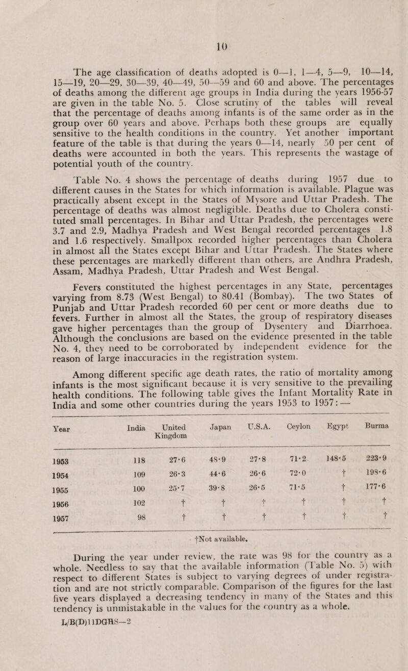 The age classification of deaths adopted is 0—1, 1—4, 5—9, 10—14, 15—19, 20—29, 30—39, 40—49, 50—59 and 60 and above. The percentages of deaths among the different age groups in India during the years 1956-57 are given in the table No. 5. Close scrutiny of the tables will reveal that the percentage of deaths among infants is of the same order as in the group over 60 years and above. Perhaps both these groups are equally sensitive to the health conditions in the country. Yet another important feature of the table is that during the years 0—14, nearly 50 per cent of deaths were accounted in both the years. This represents the wastage of potential youth of the country. Table No. 4 shows the percentage of deaths during 1957 due to different causes in the States for which information is available. Plague was practically absent except in the States of Mysore and Uttar Pradesh. The percentage of deaths was almost negligible. Deaths due to Cholera consti¬ tuted small percentages. In Bihar and Uttar Pradesh, the percentages were 3.7 and 2.9, Madhya Pradesh and West Bengal recorded percentages 1.8 and 1.6 respectively. Smallpox recorded higher percentages than Cholera in almost all the States except Bihar and Uttar Pradesh. The States where these percentages are markedly different than others, are Andhra Pradesh, Assam, Madhya Pradesh, Uttar Pradesh and West Bengal. Fevers constituted the highest percentages in any State, percentages varying from 8.73 (West Bengal) to 80.41 (Bombay). I he two States of Punjab and Uttar Pradesh recorded 60 per cent or more deaths due to fevers. Further in almost all the States, the group of respiratory diseases gave higher percentages than the group of Dysentery and Diarrhoea. Although the conclusions are based on the evidence presented in the table No. 4, they need to be corroborated by independent evidence for the reason of large inaccuracies in the registration system. Among different specific age death rates, the ratio of mortality among infants is the most significant because it is very sensitive to the prevailing health conditions. The following table gives the Infant Mortality Rate in India and some other countries during the years 1953 to 1957: — Year India United Kingdom Japan U.S.A. Ceylon Egypt Burma 1953 118 27-6 48*9 27*8 71*2 148*5 223*9 1954 109 26-3 44* 6 26-6 72-0 t 198*6 1955 100 25-7 39-8 26-5 71*5 t 177*6 1956 102 t t .L i t t t 1957 98 t t t t c ! t • tNot available. During the year under review, the rate was 98 for the country as a whole. Needless to say that the available information (Table No. 5) with respect to different States is subject to varying degrees of under registra¬ tion and are not strictlv comparable. Comparison of the figures for the last five years displayed a decreasing tendency in many of the States and this tendency is unmistakable in the values for the country as a whole.