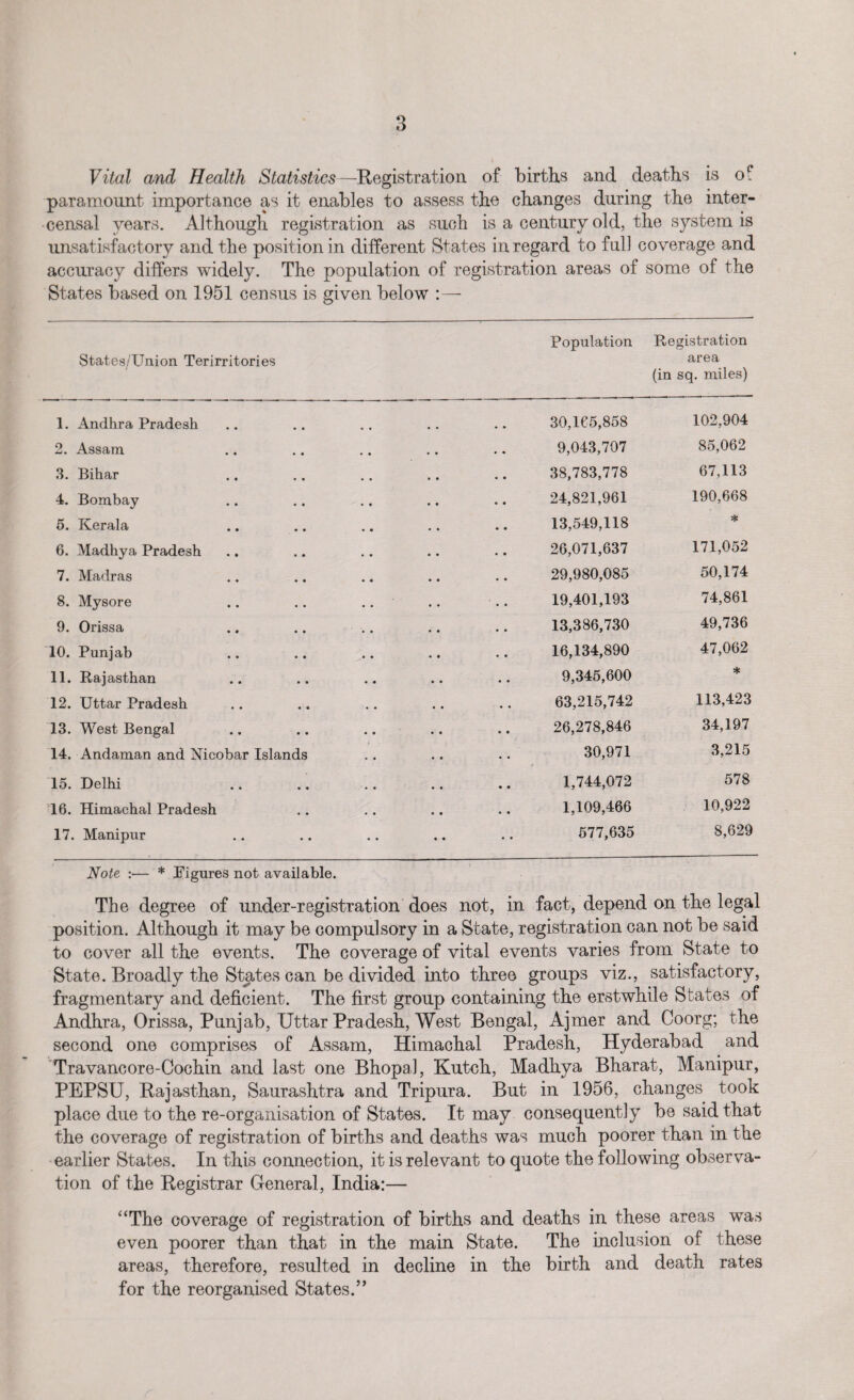 Vital and Health Statistics—Registration of births and deaths is of paramount importance as it enables to assess the changes during the inter- censa.1 years. Although registration as such is a century old, the system is unsatisfactory and the position in different States in regard to full coverage and accuracy differs widely. The population of registration areas of some of the States based on 1951 census is given below :— States/Union Terirritories 1. Andhra Pradesh 2. Assam 3. Bihar 4. Bombay 5. Kerala 6. Madhya Pradesh 7. Madras 8. Mysore 9. Orissa 10. Punjab 11. Rajasthan 12. Uttar Pradesh 13. West Bengal 14. Andaman and Nicobar Island 15. Delhi 16. Himachal Pradesh 17. Manipur Population Registration area (in sq. miles) 30,165,858 102,904 9,043,707 85,062 38,783,778 67,113 24,821,961 190,668 13,549,118 * 26,071,637 171,052 29,980,085 50,174 19,401,193 74,861 13,386,730 49,736 16,134,890 47,062 9,345,600 * 63,215,742 113,423 26,278,846 34,197 30,971 3,215 1,744,072 578 1,109,466 10,922 577,635 8,629 Note :— * Figures not available. The degree of under-registration does not, in fact, depend on the legal position. Although it may be compulsory in a State, registration can not be said to cover all the events. The coverage of vital events varies from State to State. Broadly the States can be divided into three groups viz., satisfactory, fragmentary and deficient. The first group containing the erstwhile States of Andhra, Orissa, Punjab, Uttar Pradesh, West Bengal, Ajmer and Coorg; the second one comprises of Assam, Himachal Pradesh, Hyderabad and Travancore-Cochin and last one Bhopal, Kutch, Madhya Bharat, Manipur, PEPSU, Rajasthan, Saurashtra and Tripura. But in 1956, changes took place due to the re-organisation of States. It may consequently be said that the coverage of registration of births and deaths was much poorer than in the earlier States. In this connection, it is relevant to quote the following observa¬ tion of the Registrar General, India:— “The coverage of registration of births and deaths in these areas was even poorer than that in the main State. The inclusion of these areas, therefore, resulted in decline in the birth and death rates for the reorganised States.”