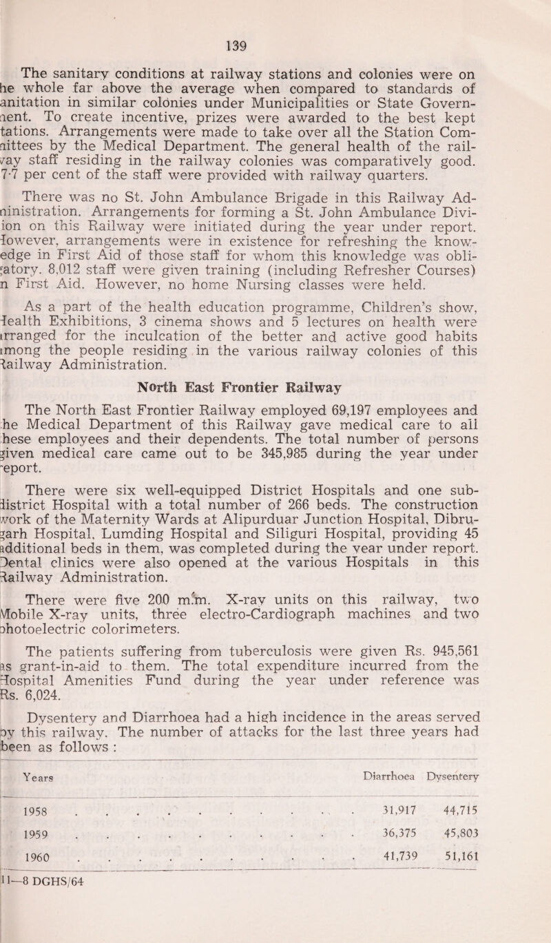 The sanitary conditions at railway stations and colonies were on he whole far above the average when compared to standards of anitation in similar colonies under Municipalities or State Govern¬ ment. To create incentive, prizes were awarded to the best kept tations. Arrangements were made to take over all the Station Com¬ mittees by the Medical Department. The general health of the rail¬ way staff residing in the railway colonies was comparatively good. 7-7 per cent of the staff were provided with railway quarters. There was no St. John Ambulance Brigade in this Railway Ad¬ ministration. Arrangements for forming a St. oJohn Ambulance Divi- ion on this Railway were initiated during the year under report, fowever, arrangements were in existence for refreshing the know- edge in First Aid of those staff for whom this knowledge was obli¬ gatory. 8,012 staff were given training (including Refresher Courses) n First Aid. However, no home Nursing classes were held. As a part of the health education programme, Children’s show, fealth Exhibitions, 3 cinema shows and 5 lectures on health were trranged for the inculcation of the better and active good habits imong the people residing in the various railway colonies of this hailway Administration. North East Frontier Railway The North East Frontier Railway employed 69,197 employees and he Medical Department of this Railway gave medical care to all hese employees and their dependents. The total number of persons ^iven medical care came out to be 345,985 during the year under ~eport. There were six well-equipped District Hospitals and one sub- listrict Hospital with a total number of 266 beds. The construction work of the Maternity Wards at Alipurduar Junction Hospital, Dibru- *arh Hospital, Lumding Hospital and Siliguri Hospital, providing 45 additional beds in them, was completed during the year under report. Dental clinics were also opened at the various Hospitals in this hailway Administration. There were five 200 min. X-ray units on this railway, two Mobile X-ray units, three electro-Cardiograph machines and two ohotoelectric colorimeters. The patients suffering from tuberculosis were given Rs. 945,561 as grant-in-aid to them. The total expenditure incurred from the hospital Amenities Fund during the year under reference was Rs. 6,024. Dysentery and Diarrhoea had a high incidence in the areas served Py this railway. The number of attacks for the last three years had been as follows : Y ears Diarrhoea Dysentery 1958 • ' s • . 31,917 44,715 1959 • • 36,375 45,803 1960 • • • 41,739 51,161 n—8 DGHS/64
