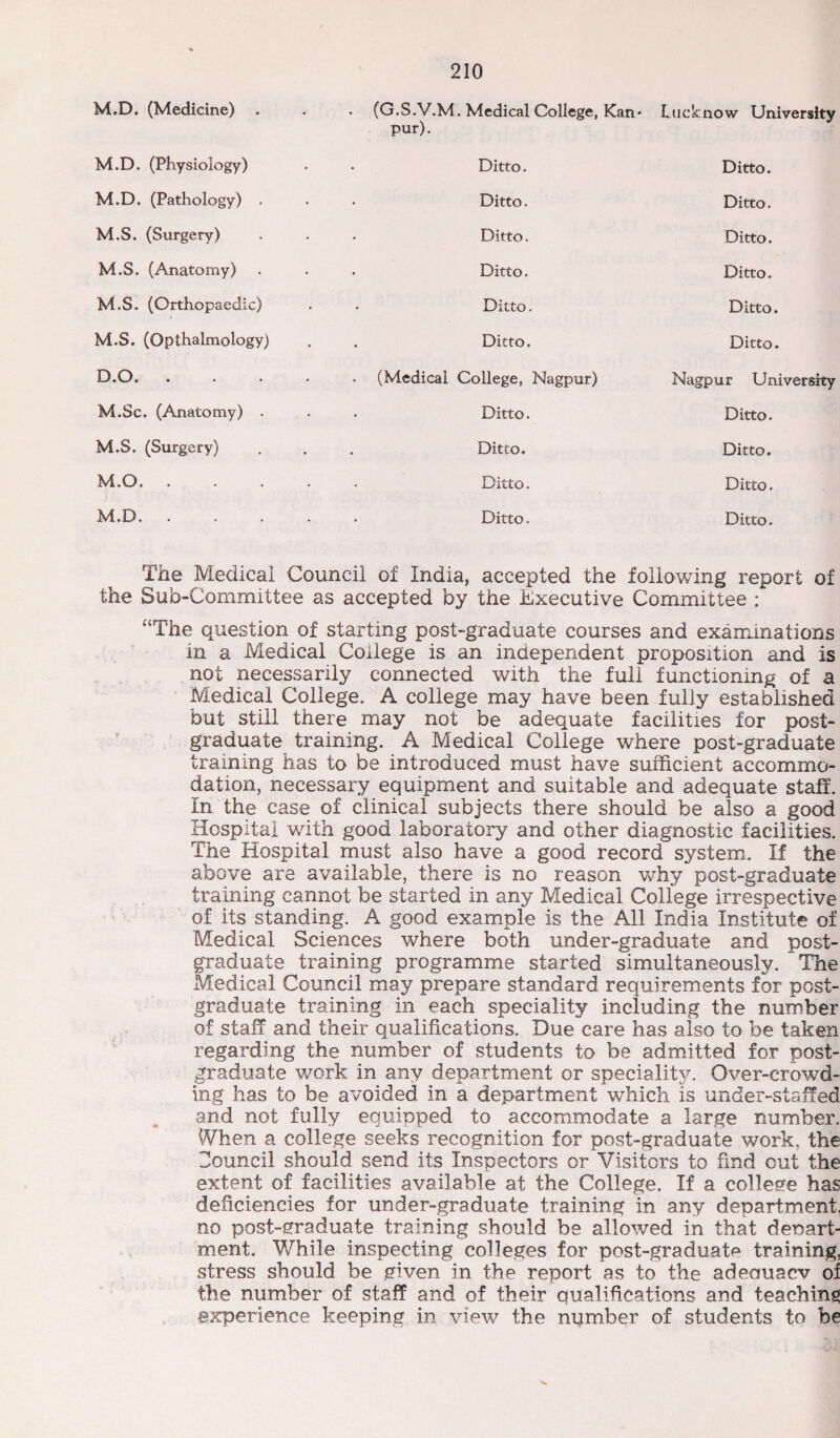 M.D. (Medicine) (G.S.V.M. Medical College, Kan* pur). Lucknow University M.D. (Physiology) Ditto. Ditto. M.D. (Pathology) . Ditto. Ditto. M.S. (Surgery) Ditto. Ditto. M.S. (Anatomy) • Ditto. Ditto. M.S. (Orthopaedic) • Ditto. Ditto. M.S. (Opthalmology) Ditto. Ditto. D.O. .... (Medical College, Nagpur) Nagpur University M.Sc. (Anatomy) . Ditto. Ditto. M.S. (Surgery) Ditto. Ditto. M.O. Ditto. Ditto. M.D. .... Ditto. Ditto. The Medical Council of India, accepted the following report of the Sub-Committee as accepted by the Executive Committee : “The question of starting post-graduate courses and examinations in a Medical College is an independent proposition and is not necessarily connected with the full functioning of a Medical College. A college may have been fully established but still there may not be adequate facilities for post¬ graduate training. A Medical College where post-graduate training has to be introduced must have sufficient accommo¬ dation, necessary equipment and suitable and adequate staff. In the case of clinical subjects there should be also a good Hospital with good laboratory and other diagnostic facilities. The Hospital must also have a good record system. If the above are available, there is no reason why post-graduate training cannot be started in any Medical College irrespective of its standing. A good example is the All India Institute of Medical Sciences where both under-graduate and post¬ graduate training programme started simultaneously. The Medical Council may prepare standard requirements for post¬ graduate training in each speciality including the number of staff and their qualifications. Due care has also to be taken regarding the number of students to be admitted for post¬ graduate work in any department or special^. Over-crowd¬ ing has to be avoided in a department which is under-staffed and not fully equipped to accommodate a large number. When a college seeks recognition for post-graduate work, the Sound! should send its Inspectors or Visitors to find cut the extent of facilities available at the College. If a college has deficiencies for under-graduate training in any department, no post-graduate training should be allowed in that depart¬ ment. While inspecting colleges for post-graduate training, stress should be given in the report as to the adeauacv of the number of staff and of their qualifications and teaching experience keeping in view the number of students to be