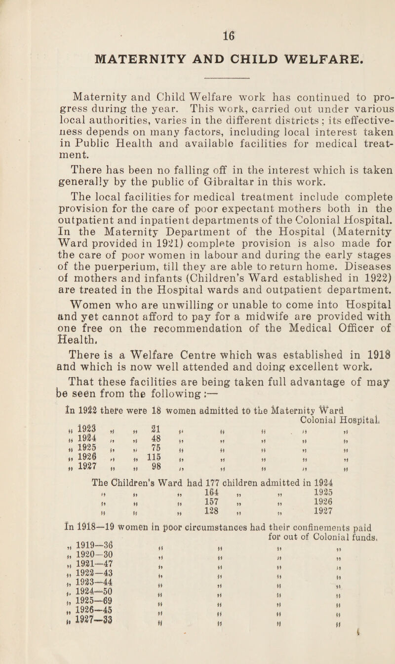 MATERNITY AND CHILD WELFARE Maternity and Child Welfare work has continued to pro¬ gress during the year. This work, carried out under various local authorities, varies in the different districts; its effective¬ ness depends on many factors, including local interest taken in Public Health and available facilities for medical treat¬ ment. There has been no falling off in the interest which is taken generally by the public of Gibraltar in this work. The local facilities for medical treatment include complete provision for the care of poor expectant mothers both in the outpatient and inpatient departments of the Colonial Hospital. In the Maternity Department of the Hospital (Maternity Ward provided in 1921) complete provision is also made for the care of poor women in labour and during the early stages of the puerperium, till they are able to return home. Diseases of mothers and infants (Children’s Ward established in 1922) are treated in the Hospital wards and outpatient department. Women who are unwilling or unable to come into Hospital and yet cannot afford to pay for a midwife are provided with one free on the recommendation of the Medical Officer of Health. There is a Welfare Centre which was established in 1918 and which is now well attended and doing excellent work. That these facilities are being taken full advantage of may be seen from the following :— In 1i a a tt a 1922 there were 18 women admitted to the Maternity Ward Colonial Hospital 1923 „ u 21 i* a a a tt 1924 „ 9$ 48 it ti ti tt tt 1925 „ 9> 75 it it n ti it 1926 „ $9 115 it ti it it ti 1927 „ 99 98 It ti a it tt The Children’s Ward had 177 children admitted in 1924 It it it 164 99 99 1925 it ti a 157 99 99 1926 it it tt 128 99 99 1927 In 1918—19 women in poor circumstances had their confinements paid for out of Colonial funds. „ 1919—36 „ 1920-30 „ 1921—47 „ 1922—43 „ 1923—44 „ 1924—50 „ 1925—69 „ 1926-45 1927-33 a it it i) a a ti U tt it it it ti ti ti li a tt it a a M M ti M 1» it »♦ a it a 0 4