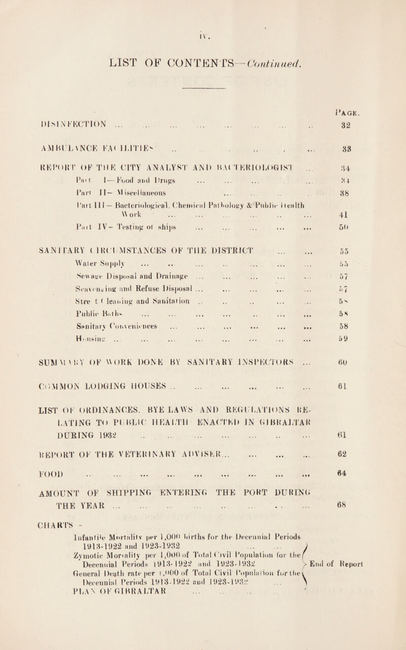 LIST OF CONTENTS — Continued. Page. DISINFECTION. 32 AM BTL \NCE FA< 1L1T1E- .. . 38 REPORT OF THE CITY ANALYST AND UA< TERIOLOGIS! ... 34 IV ?■ I — Food and Drugs ... ... ... ... .‘-U Part II— Miscellaneous ... ... 38 l‘atl 111 — Bacteriological. Chemical Pathology & Public health Work ... ... ... ... .. ... 4l lVt IV- I'esting ot ships ... ... ... ... ... 50 SANITARY (.1 RCLMSTANCES OF THE DISTRICT . 55 Water Supply ... .. ... .. ... ... ... 5 5 Sewaae Disposal and Drainage ... ... ... ... ... 57 Seavcnuintt and Refuse Disposal ... ... ... ... ... 57 Stre t ( leaning and Sanitation .. .. ... ... 5s Public Baths ... ... ... ... .. ... ... 5*< Sanitary Conveniences ... ... ... ... ... ... 58 Housing ... ... ... ... ... ••• ... ... 5 D SUM M MiV OF WORK DONE BY SANITARY INSPECTORS ... HU COMMON LODGING HOUSES. 61 LIST OF ORDINANCES. BYELAWS AND REGULATIONS 1,’E- LATING To PUBLIC HEALTH ENACTED IN GIBRALTAR DURING 1932 . HI REPORT OE THE VETERINARY ADVISER 62 FOOD . ... ... 64 AMOUNT OF SHIPPING ENTERING THE PORT DURING THE YEAR. . 68 CHARI'S - Infantile Mortality per 1,000 births for the Decennial Periods 1913-1922 and 1923-1932 . ) Zymotic Mortality per 1,099 of Total Civil Population Cor the{ Decennial Periods 1913-1922 and 1923-1932 > End of Report General Death rate per I ,<*00 of Total Civil Population for the t Decennial Periods 1913-1922 and 1923-1932 \ PLAN OF GIBRALTAR