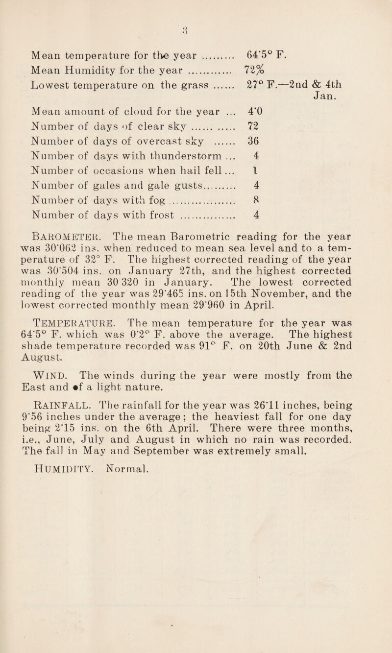 Mean temperature for the year . 64*5° F. Mean Humidity for the year . 72% Lowest temperature on the grass . 27° F.—2nd & 4th Jan. Mean amount of cloud for the year ... 4*0 Number of days of clear sky . 72 Number of days of overcast sky . 36 Number of days with thunderstorm ... 4 Number of occasions when hail fell ... 1 Number of gales and gale gusts. 4 Number of days with fog. 8 Number of days with frost . 4 BAROMETER. The mean Barometric reading for the year was 30*062 ins. when reduced to mean sea level and to a tem¬ perature of 32° F. The highest corrected reading of the year was 30*504 ins. on January 27th, and the highest corrected monthly mean 30 320 in January. The lowest corrected reading of the year was 29‘465 ins. on 15th November, and the lowest corrected monthly mean 29'960 in April, TEMPERATURE. The mean temperature for the year was 64*5° F. which was 0'2° F. above the average. The highest shade temperature recorded was 91° F. on 20th June & 2nd August. WIND. The winds during the year were mostly from the East and #f a light nature. RAINFALL. The rainfall for the year was 26*11 inches, being 9*56 inches under the average; the heaviest fall for one day being 2*15 ins. on the 6th April. There were three months, i.e., June, July and August in which no rain was recorded. The fall in May and September was extremely smadl. Normal. Humidity.