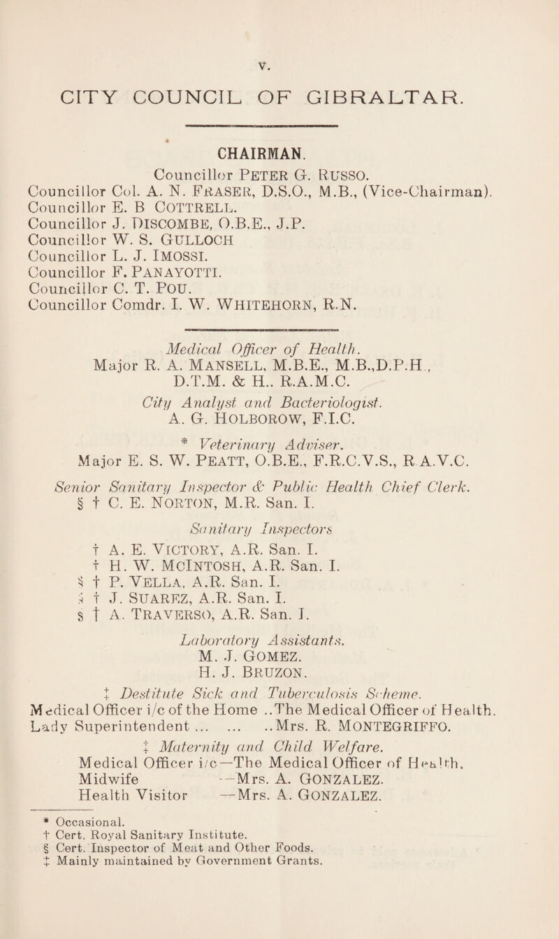 CITY COUNCIL OF GIBRALTAR. CHAIRMAN. Councillor PETER G. RUSSO. Councillor Col. A. N. FRASER, D.S.O,, M.B., (Vice-Chairman). Councillor E. B COTTRELL. Councillor J. PlSCOMBE, O.B.E., J.P. Councillor W. S. GULLOCIT Councillor L. J. IMOSSI. Councillor F. PANAYOTTI. Councillor C. T. POU. Councillor Comdr. I. W. WHITEHORN, R.N. Medical Officer of Health. Major R. A. MANSELL, M.B.E., M.B.,D.P.H„ D.T.M. & H.. R.A.M.C. City Analyst and Bacteriologist. A. G. HOLBOROW, F.I.C. * Veterinary Adviser. Major E. S. W. PEATT, O.B.E., F.R.C.V.S., R A.Y.C. Senior Sanitary Inspector & Public Health Chief Clerk. 'i t C. E. Norton, M.R. San. I. Sa nit ary Inspectors t A. E. Victory, A.R. San. I. t H. W. McIntosh, A.R. San. I. 5 t P. Vella. A.R. San. I. j t J. Suarez, A.R. San. I. S t A- TRAVERSO, A.R. San. J. Laboratory Assistants. M. J. Gomez. H. J. Bruzon. t Destitute Sick and Tuberculosis Scheme. Medical Officer i/c of the Home ..The Medical Officer of Health. Lady Superintendent.Mrs. R. MONTEGRIFFO. I Maternity and Child Welfare. Medical Officer i/c—The Medical Officer of Health. Midwife -Mrs. A. GONZALEZ, Health Visitor —Mrs. A. GONZALEZ. * Occasional. t Cert. Royal Sanitary Institute. § Cert. Inspector of Meat and Other Foods, t Mainly maintained by Government Grants.