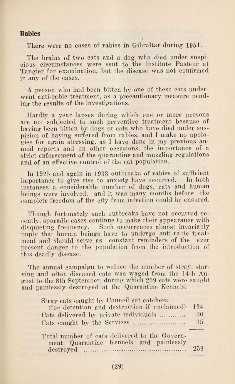 Rabies There were no cases of rabies in Gibraltar during 1951. The brains of two cats and a dog who died under suspi¬ cious circumstances were sent to the Institute Pasteur at Tangier for examination, but the disease' was not confirmed in any of the cases. A person who had been bitten by one of these cats under¬ went anti-rabic treatment, as a precautionary measure pend¬ ing the results of the investigations. Hardly a year lapses during which one or more persons are not subjected to such preventive' treatment because of having been bitten by dogs or cats who have died under sus¬ picion of having suffered from rabies, and I make no apolo¬ gies for again stressing, as I have done in my previous an¬ nual reports and on other occasions, the importance of a strict enforcement of the quarantine and muzzling regulations and of an effective control of the cat population. In 19i25 and again in 1933 outbreaks of rabies of sufficient importance to give rise to anxiety have occurred. In both instances a considerable number of dogs, cats and human beings were involved, and it was many months before' the complete freedom of the city from infection could be ensured. Though fortunately such outbreaks have' not occurred re¬ cently, sporadic cases continue to make their appearance with disquieting frequency. Such occurrences almost invariably imply that human beings have to undergo anti-rabic treat¬ ment and should serve as constant reminders of the ever present danger to the population from the introduction of this deadly disease. The annual campaign to reduce the number of stray, star¬ ving and often diseased cats was waged from the 14th Au¬ gust to the 8th September, during which 259 cats were caught and painlessly destroyed at the Quarantine Kennels. Stray cats caught by Council cat catchers (for detention and destruction if unclaimed) 194 Cats delivered by private individuals ... 30 Cats caught by the Services .. 35 Total number of cats delivered to the Govern¬ ment Quarantine Kennels and- painlessly destroyed ... 259