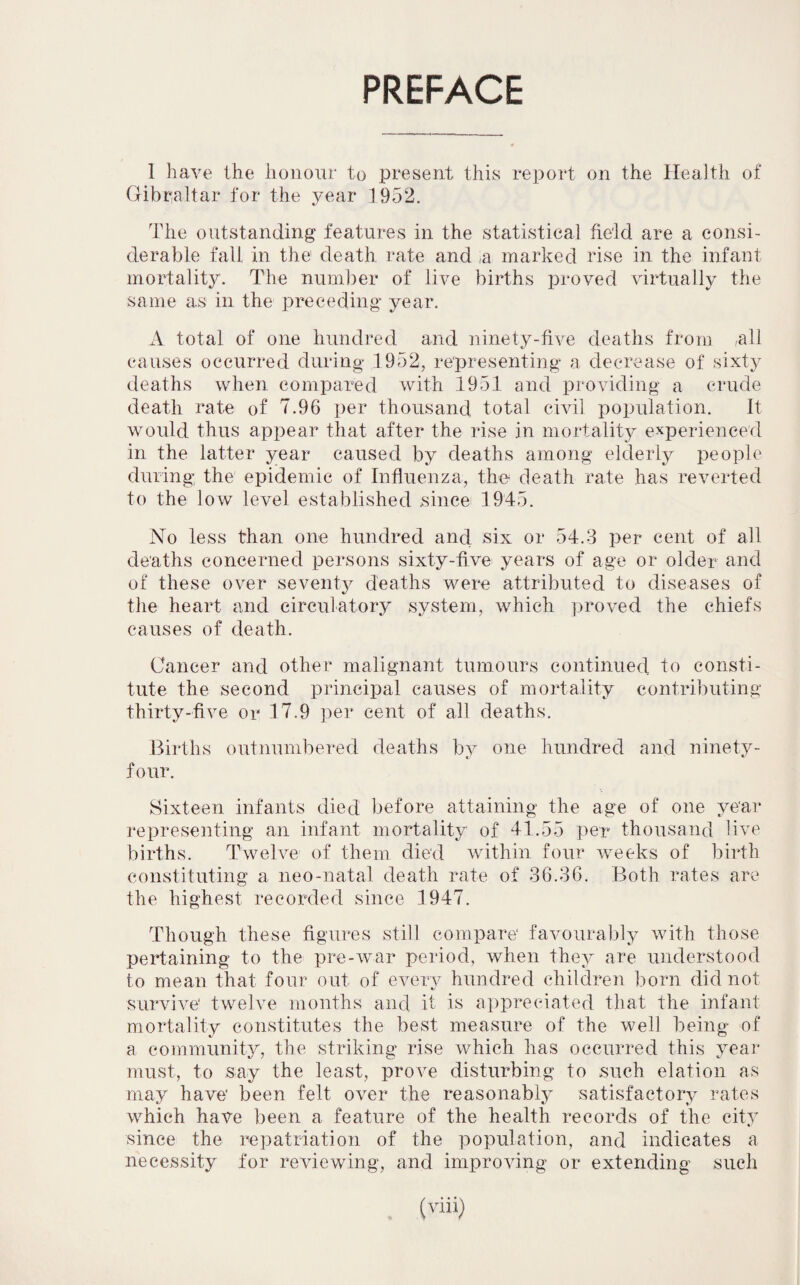 PREFACE 1 have the honour to present this report on the Health of Gibraltar for the year 1952. The outstanding features in the statistical field are a consi¬ derable fall in the death rate and a marked rise in the infant mortality. The number of live births proved virtually the same as in the preceding year. A total of one hundred and ninety-five deaths from ,all causes occurred during 1952, representing a decrease of sixty deaths when compared with 1951 and providing a crude death rate of 7.96 per thousand total civil population. It would thus appear that after the rise in mortality experienced in the latter year caused by deaths among elderly people during the epidemic of Influenza, the death rate has reverted to the low level established since 1945. No less than one hundred and six or 54.3 per cent of all deaths concerned persons sixty-five years of age or older and of these over seventy deaths were attributed to diseases of the heart and circulatory system, which proved the chiefs causes of death. Cancer and other malignant tumours continued to consti¬ tute the second principal causes of mortality contributing thirty-five or 17.9 per cent of all deaths. Births outnumbered deaths by one hundred and ninety- four. Sixteen infants died before attaining the age of one year representing an infant mortality of 41.55 per thousand live births. Twelve of them died within four weeks of birth constituting a neo-natal death rate of 36.36. Both rates are the highest recorded since 1947. Though these figures still compare favourably with those pertaining to the pre-war period, when they are understood to mean that four out of every hundred children born did not survive twelve months and it is appreciated that the infant mortality constitutes the best measure of the well being of a community, the striking rise which has occurred this year must, to say the least, prove disturbing to such elation as may have' been felt over the reasonably satisfactory rates which have been a feature of the health records of the city sinee the repatriation of the population, and indicates a necessity for reviewing, and improving or extending such