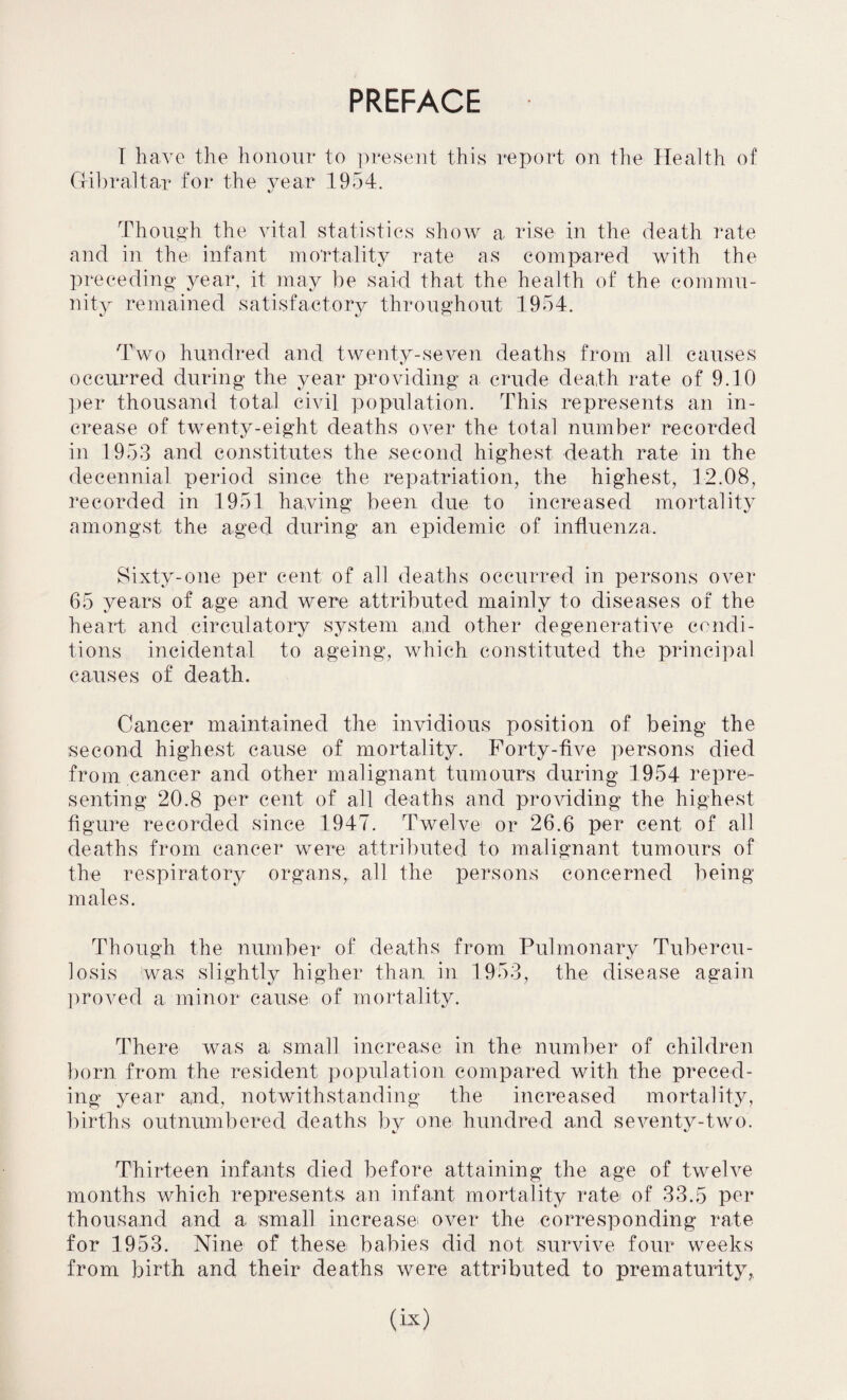 PREFACE I have the honour to present this report on the Health of Gibraltar for the year 1954. Though the vital statistics show a rise in the death rate and in the infant mortality rate as compared with the preceding year, it may be said that the health of the commu¬ nity remained satisfactory throughout 1954. Two hundred and twenty-seven deaths from all causes occurred during the year providing a crude death rate of 9.10 per thousand total civil population. This represents an in¬ crease of twenty-eight deaths over the total number recorded in 1953 and constitutes the second highest death rate in the decennial period since the repatriation, the highest, 12.08, recorded in 1951 having been due to increased mortality amongst the aged during an epidemic of influenza. Sixty-one per cent of all deaths occurred in persons over 65 years of age and were attributed mainly to diseases of the heart and circulatory system and other degenerative condi¬ tions incidental to ageing, which constituted the principal causes of death. Cancer maintained the invidious position of being the second highest cause of mortality. Forty-five persons died from cancer and other malignant tumours during 1954 repre¬ senting 20.8 per cent of all deaths and providing the highest figure recorded since 1947. Twelve or 26.6 per cent of all deaths from cancer were attributed to malignant tumours of the respiratory organs,, all the persons concerned being males. Though the number of deaths from Pulmonary Tubercu¬ losis was slightly higher than in 1953, the disease again proved a minor cause of mortality. There was a small increase in the number of children born from the resident population compared with the preced¬ ing year and, notwithstanding the increased mortality, births outnumbered deaths bv one hundred and seventy-two. Thirteen infants died before attaining the age of twelve months which represents, an infant mortality ratei of 33.5 per thousand and a small increase over the corresponding rate for 1953. Nine of these babies did not survive four weeks from birth and their deaths were attributed to prematurity,