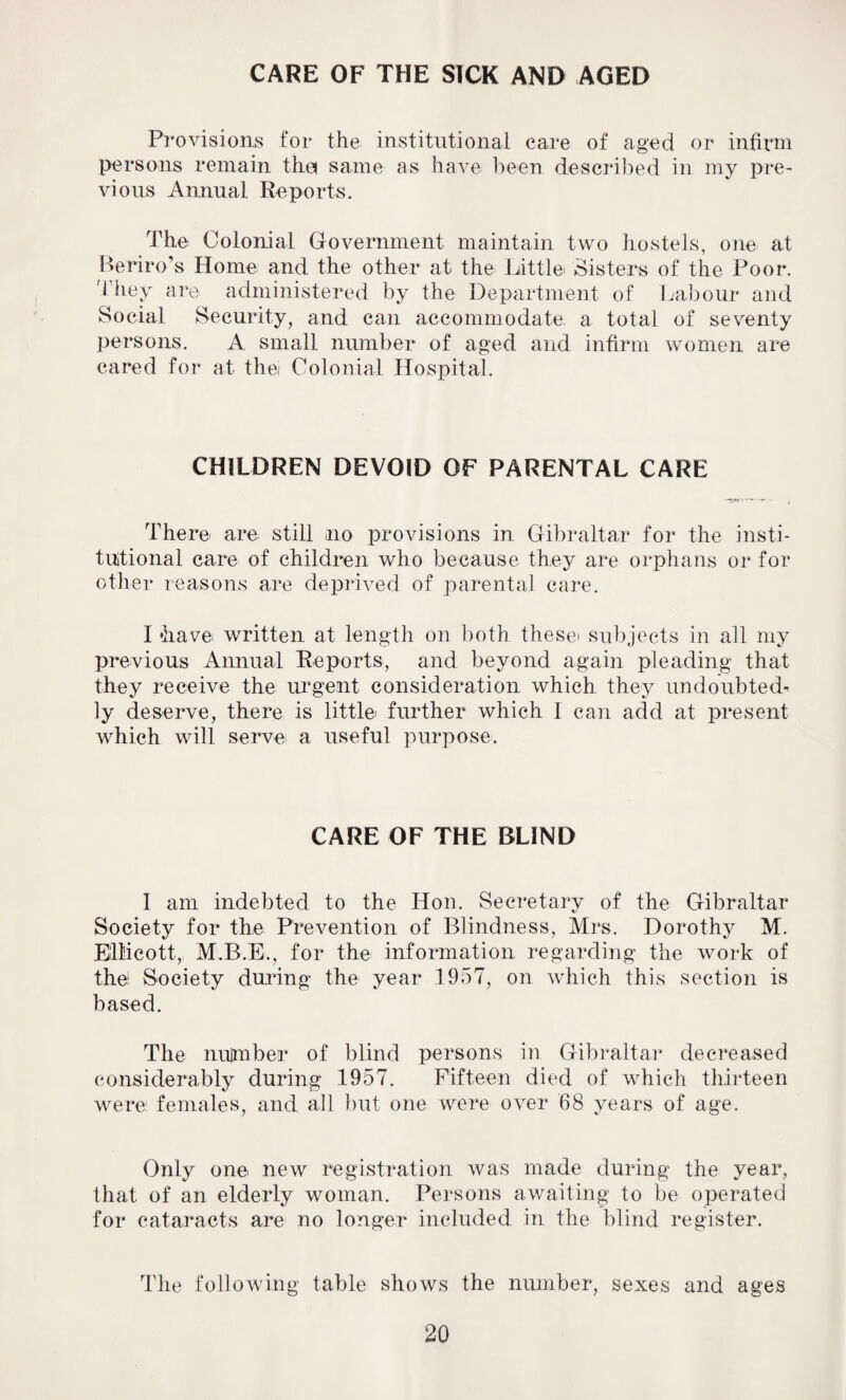 CARE OF THE SICK AND AGED Provisions for the institutional care of aged or infirm persons remain thei same as have been described in my pre¬ vious Annual Reports. The Colonial Government maintain two hostels, one at Beriro’s Home and the other at the Little Sisters of the Poor. They are administered by the Department of Labour and Social Security, and can accommodate a total of seventy persons. A small number of aged and infirm women are cared for at the Colonial Hospital. CHILDREN DEVOID OF PARENTAL CARE There are still no provisions in Gibraltar for the insti¬ tutional care of children who because they are orphans or for other reasons are deprived of parental care. I have written at length on both these* subjects in all my previous Annual Reports, and beyond again pleading that they receive the urgent consideration which they undoubted¬ ly deserve, there is little further which I can add at present which will serve a useful purpose. CARE OF THE BLIND I am indebted to the Hon. Secretary of the Gibraltar Society for the Prevention of Blindness, Mrs. Dorothy M. Ellicott, M.B.E., for the information regarding the work of thei Society during the year 1957, on which this section is based. The number of blind persons in Gibraltar decreased considerably during 1957. Fifteen died of which thirteen were females, and all but one were over 68 years of age. Only one new registration was made during the year, that of an elderly woman. Persons awaiting to be operated for cataracts are no longer included in the blind register. The following table shows the number, sexes and ages