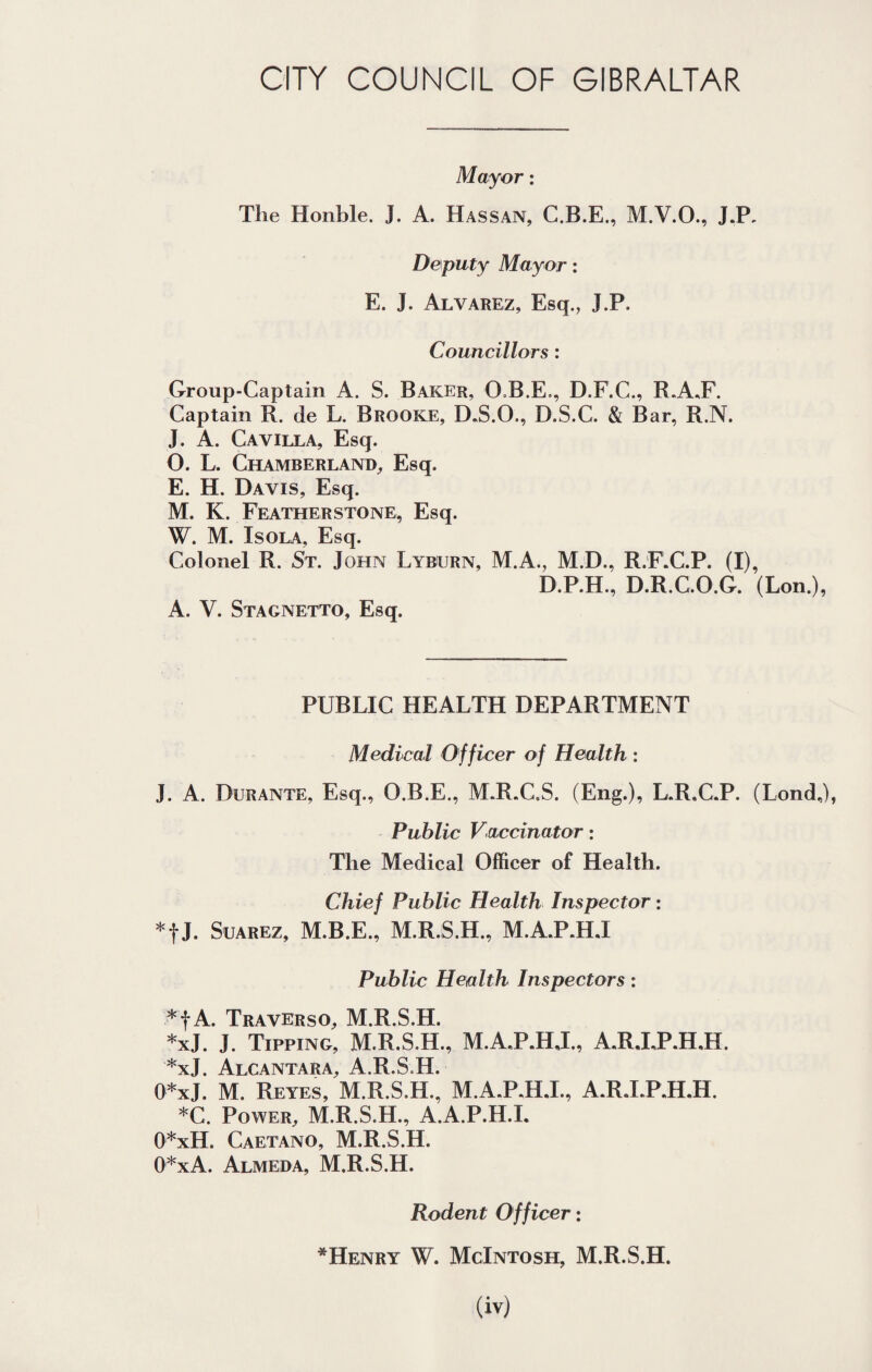 Mayor: The Honble. J. A. Hassan, C.B.E., M.V.O., J.P, Deputy Mayor: E. J. Alvarez, Esq., J.P. Councillors: Group-Captain A. S. Baker, O.B.E., D.F.C., R.A.F. Captain R. de L. Brooke, D.S.O., D.S.C. & Bar, R.N. J. A. Cavilla, Esq. O. L. Chamberland, Esq. E. H. Davis, Esq. M. K. Featherstone, Esq. W. M. ISOLA, Esq. Colonel R. St. John Lyburn, M.A., M.D., R.F.C.P. (I), D.P.H., D.R.C.O.G. (Lon.), A. V. Stagnetto, Esq. PUBLIC HEALTH DEPARTMENT Medical Officer of Health : J. A. Durante, Esq., O.B.E., M.R.C.S. (Eng.), L.R.C.P. (Lond,), Public Vaccinator: The Medical Officer of Health. Chief Public Health Inspector: *fJ. Suarez, M.B.E., M.R.S.H., M.A.P.H.I Public Health Inspectors: A. Traverso, M.R.S.H. *xj. J. Tipping, M.R.S.H., M.A.P.HJ., A.R,LP.H,H. *xj. Alcantara, A.R.S.H. 0*xJ. M. Reyes, M.R.S.H., M.A.P.H.I., A.R.I.P.H.H. *C. Power, M.R.S.H., A.A.P.H.L 0*xH. Caetano, M.R.S.H. 0*xA. Almeda, M.R.S.H. Rodent Officer: *Henry W. McIntosh, M.R.S.H.