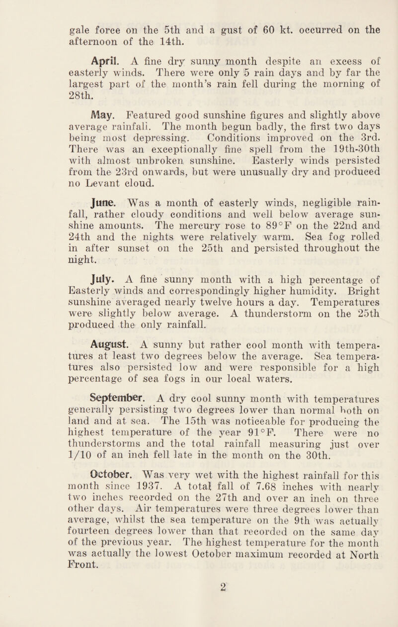 gale force on the 5th and a gust of 60 kt. occurred on the afternoon of the 14th. April. A fine dry sunny month despite an excess of easterly winds. There were only 5 rain days and by far the largest part of the month’s rain fell during the morning of 28th. May. Featured good sunshine figures and slightly above average rainfall. The month begun badly, the first two days being most depressing. Conditions improved on the 3rd. There was an exceptionally fine spell from the 19th-30th with almost unbroken sunshine. Easterly winds persisted from the 23rd onwards, but were unusually dry and produced no Levant cloud. June. Was a month of easterly winds, negligible rain¬ fall, rather cloudy conditions and well below average sun¬ shine amounts. The mercury rose to 89°F on the 22nd and 24th and the nights were relatively warm. Sea fog rolled in after sunset on the 25th and persisted throughout the night. July. A fine sunny month with a high percentage of Easterly winds and correspondingly higher humidity. Bright sunshine averaged nearly twelve hours a day. Temperatures were slightly below average. A thunderstorm on the 25th produced the only rainfall. August. A sunny but rather cool month with tempera¬ tures at least two degrees below the average. Sea tempera¬ tures also persisted low and were responsible for a high percentage of sea fogs in our local waters. September. A dry cool sunny month with temperatures generally persisting two degrees lower than normal both on land and at sea. The 15th was noticeable for producing the highest temperature of the year 91°F. There were no thunderstorms and the total rainfall measuring just over 1/10 of an inch fell late in the month on the 30th. October. Was very wet with the highest rainfall for this month since 1937. A total fall of 7.68 inches with nearly two inches recorded on the 27th and over an inch on three other days. Air temperatures were three degrees lower than average, whilst the sea temperature on the 9th was actually fourteen degrees lower than that recorded on the same day of the previous year. The highest temperature for the month was actually the lowest October maximum recorded at North Front.