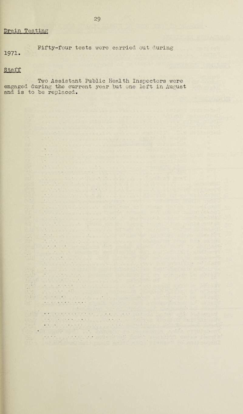 Drain Testing Fifty-four tests were carried out during 1971. Staff Two Assistant Public Health Inspectors were engaged during the current year but one left in August and is to be replaced.