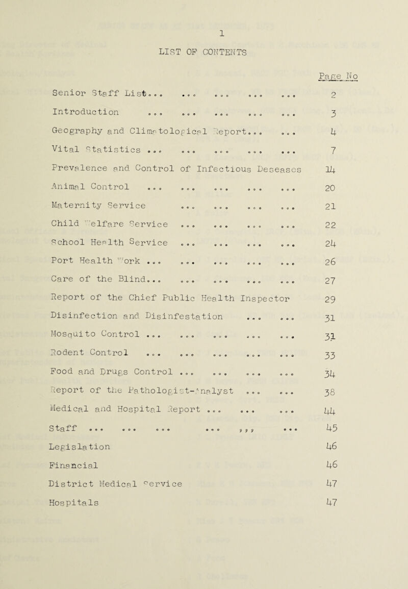 LIST OP CONTENTS Senior Staff Lisfc.o, ... 00o 00O Introduction 000 000 oee 000 ooc Geography and Climatological Report*** D„<, Vi tal otatistics ooo 0 © o ooo 0 Q ^ 0 0 0 Prevalence and Control of Infectious Leseases Animal Control „.„ „0„ 0». Maternity Service ©©© „00 Child 'elfare Service . © * © 0 © School Health Service ©©© ©©„ Port Health ,r'ork . . . „ * . . „ . Care of the Blindo.. ©©© ©©© Report of the Chief Public Health Disinfection and Disinfestation Mosquito Control .©. ©©© ©©© Rodent Control * *© 0 «* © © . Food and Drugs Control ©0© 0 0 0 ooo ooo ooo ooo ooo ooo ooo ooo ooo Ooo Ooo OOO Inspector ooo ooo ooo ooo ooo ooo ooo ooo Report of the Pathologist-Analyst Medical and Hospital Report ©©© Staff ooo Legislation Financial District Medical °ervice Hospitals 9 9? Page No 2 3 4 7 14 20 21 22 24 26 27 29 31 31 33 34 38 44 45 46 46 47 47