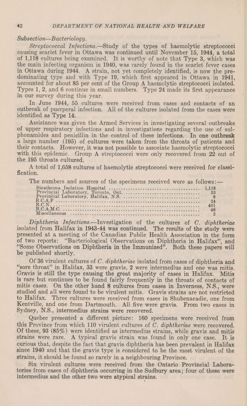 Subsection—Bacteriology. Streptococcal Injections.—Study of the types of haemolytic streptococci causing scarlet fever in Ottawa was continued until November 15, 1944, a total of 1,118 cultures being examined. It is worthy of note that Type 3, which was the main infecting organism in 1940, was rarely found in the scarlet fever cases in Ottawa during 1944. A strain, not yet completely identified, is now the pre¬ dominating type and with Type 19, which first appeared in Ottawa in 1941, accounted for about 85 per cent of the Group A haemolytic streptococci isolated. Types 1, 2, and 6 continue in small numbers. Type 24 made its first appearance in our survey during this year. In June 1944, 55 cultures were received from cases and contacts of an outbreak of puerperal infection. All of the cultures isolated from the cases were identified as Type 14'. Assistance was given the Armed Services in investigating several outbreaks of upper respiratory infections and in investigations regarding the use of sul- phonamides and penicillin in the control of these infections. In one outbreak a large number (195) of cultures were taken from the throats of patients and their contacts. However, it was not possible to associate haemolytic streptococci with this epidemic. Group A streptococci were only recovered from 22 out of the 195 throats cultured. A total of 1,658 cultures of haemolytic streptococci were received for classi¬ fication. The numbers and sources of the specimens received were as follows:— Strathcona Isolation Hospital . Provincial Laboratory, Toronto, Ont. Provincial Laboratory, Halifax, N.S. R.C.A.F . R.C.N. R.C.A.M.C. Miscellaneous ....'. 1,118 55 9 24 401 48 3 Diphtheria Infections.—Investigation of the cultures of C. diphtheriae isolated from Halifax in 1943-44 was continued. The results of the study were presented at a meeting of the Canadian Public Health Association in the form of two reports: “Bacteriological Observations on Diphtheria in Halifax”, and “Some Observations on Diphtheria in the Immunized”. Both these papers will be published shortly. Of 36 virulent cultures of C. diphtheriae isolated from cases of diphtheria and “sore throat” in Halifax, 33 were gravis, 2 were intermedius and one was mitis. Gravis is still the type causing the great majority of cases in Halifax. Mitis is rare but continues to be found fairly frequently in the throats of contacts of mitis cases. On the other hand 8 cultures from cases in Inverness, N.S., were studied and all were found to be virulent mitis. Gravis strains are not restricted to Halifax. Three cultures were received from cases in Shubenacadie, one from Kentville, and one from Dartmouth. All five were gravis. From two cases in Sydney, N.S., intermedius strains were recovered. Quebec presented a different picture: 160 specimens were received from this Province from which 110 virulent cultures of C. diphtheriae were recovered. Of these, 93 (85%) were identified as intermedius strains, while gravis and mitis strains were rare. A typical gravis strain was found in only one case. It is curious that, despite the fact that gravis diphtheria has been prevalent in Halifax since 1940 and that the gravis type is considered to be the most virulent of the strains, it should be found so rarely in a neighbouring Province. Six virulent cultures were received from the Ontario Provincial Labora¬ tories from cases of diphtheria occurring in the Sudbury area; four of these were intermedius and the other two were atypical strains.