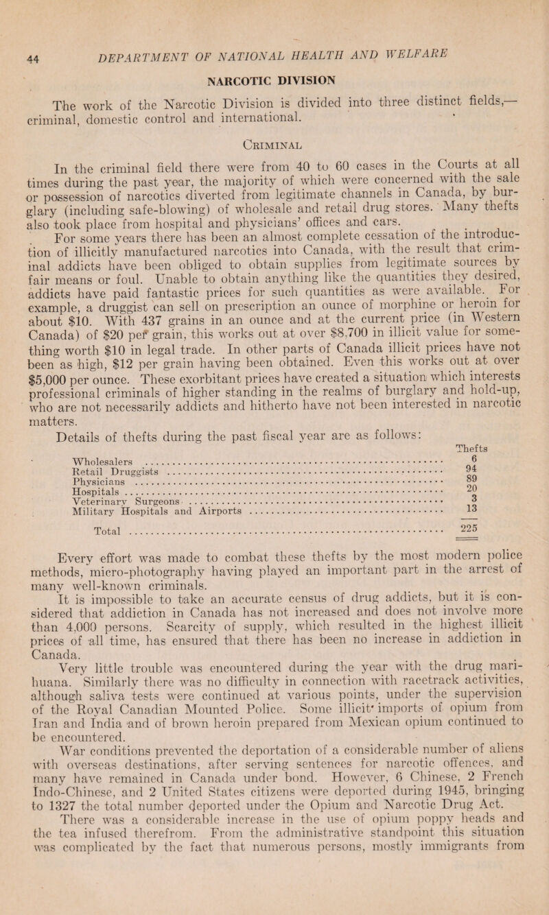 NARCOTIC DIVISION The work of the Narcotic Division is divided into three distinct fields,— criminal, domestic control and international. Criminal In the criminal field there were from 40 to 60 cases in the Courts at all times during the past year, the majority of which were concerned with the sale or possession of narcotics diverted from legitimate channels in Canada, by bur¬ glary (including safe-blowing) of wholesale and retail drug stores. Many thefts also took place from hospital and physicians' offices and cars. For some years there has been an almost complete cessation of the introduc¬ tion of illicitly manufactured narcotics into Canada, with the result that crim¬ inal addicts have been obliged to obtain supplies Irom legitimate sources b> fair means or foul. Unable to obtain anything like the quantities they desired, addicts have paid fantastic prices for such quantities as were available.. For example, a druggist can sell on prescription an ounce of morphine or heroin foi about $10. With 437 grains in an ounce and at the current price (in Western Canada) of $20 pef grain, this works out at over $8,700 in illicit value for some¬ thing worth $10 in legal trade. In other parts of Canada illicit prices have not been as high, $12 per grain having been obtained. Even this works out at over $5,000 per ounce. These exorbitant prices have created a situation which interests professional criminals of higher standing in the realms of burglary and hold-up, who are not necessarily addicts and hitherto have not been interested in narcotic matters. Details of thefts during the past fiscal year are as follows: Wholesalers . Retail Druggists .*.. Physicians . Hospitals. Veterinary Surgeons . Military Hospitals and Airports . Total . Every effort was made to combat these thefts by the most modern police methods, micro-photography having played an important part in the arrest of many well-known criminals. It is impossible to take an accurate census of drug addicts, but it is con¬ sidered that addiction in Canada has not increased and does not involve more than 4,000 persons. Scarcity of supply, which resulted in the highest illicit prices of all time, has ensured that there has been no increase in addiction in Canada. Very little trouble was encountered during the year with the drug, mari¬ huana. Similarly there was no difficulty in connection with racetrack activities, although saliva tests were continued at various points, under the supervision of the Royal Canadian Mounted Police. Some illicit* imports of opium from Iran and India and of brown heroin prepared from Mexican opium continued to be encountered. War conditions prevented the deportation of a considerable number of aliens with overseas destinations, after serving sentences for narcotic offences, and many have remained in Canada under bond. However, 6 Chinese, 2 French Indo-Chinese, and 2 United States citizens were deported during 1945, bringing to 1327 the total number deported under the Opium and Narcotic Drug Act. There was a considerable increase in the use of opium poppy heads and the tea infused therefrom. From the administrative standpoint this situation was complicated by the fact that numerous persons, mostly immigrants from Thefts 6 94 89 20 3 13 225