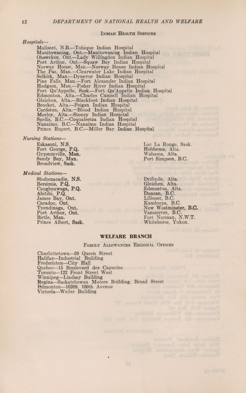 Indian Health Services Hospitals— Maliseet, N.B.—Tobique Indian Hospital Manitowaning, Ont.— Manitowaning Indian Hospital Ohsweken, Ont.—Lady Willingdon Indian Hospital Port Arthur, Ont.—Squaw Bay Indian Hospital Norway House, Man.—Norway House Indian Hospital The Pas, Man.—Clearwater Lake Indian Hospital Selkirk, Man.—Dynevor Indian Hospital Pine Falls, Man.—Fort Alexander Indian Hospital Hodgson, Man.—Fisher River Indian Hospital Fort Qu’Appelle, Sask.—Fort Qu’Appelle Indian Hospital Edmonton, Alta.—Charles Camsell Indian Hospital Gleichen, Alta.—Blackfoot Indian Hospital Brocket, Alta.—Peigan Indian Hospital Cardston, Alta.—Blood Indian Hospital Morley, Alta.—Stoney Indian Hospital Sardis, B.C.—Coqualeetza Indian Hospital Nanaimo, B.C.—Nanaimo Indian Hospital Prince Rupert, B.C.—Miller Bay Indian Hospital Nursing Stations— Eskasoni, N.S. Fort George, P.Q. Gypsumville, Man. Sandy Bay, Man. Broadview, Sask. Medical Stations— Shubenacadie, NJ3. Bersimis, P.Q. Caughnawaga, P.Q. Abitibi, P.Q. James Bay, Ont. Caradoc, Ont. Tyendinaga, Ont. Port Arthur, Ont. Birtle, Man. Prince Albert, Sask. Lac La Ronge, Sask. Hobbema, Alta. Wabasca, Alta. Port Simpson, B.C. Driftpile, Alta. Gleichen, Alta. Edmonton, Alta. Duncan, B.C. Lillooet, B.C. Kamloops, B.C. New Westminster, B.C. Vancouver, B.C. Fort Norman, N.W.T. Whitehorse, Yukon. WELFARE BRANCH Family Allowances Regional Offices Charlottetown—59 Queen Street Halifax—Industrial Building Fredericton—City Hall Quebec—15 Boulevard des Capucins Toronto—122 Front Street West Winnipeg—Lindsay Building Regina—-Saskatchewan Motors Building, Broad Street Edmonton—10209, 100th Avenue Victoria—Weiler Building