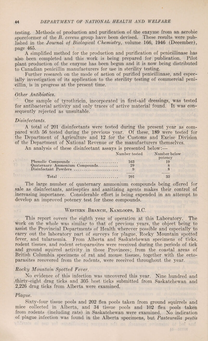 testing. Methods of production and purification of the enzyme from an aerobic sporeformer of the B. cerens group have been devised. These results were pub¬ lished in the Journal of Biological Chemistry, volume 166, 1946 (December), page 465. A simplified method for the production and purification of penicillinase has also been completed and this work is being prepared for publication. Pilot plant production of the enzyme has been begun and it is now being distributed to Canadian penicillin manufacturers for use in sterility testing. Further research on the mode of action of purified penicillinase, and espec¬ ially investigation of its application to the sterility testing of commercial peni¬ cillin, is in progress at the present time. Other Antibiotics. One sample of tyrothricin, incorporated in first-aid dressings, was tested for antibacterial activity and only traces of active material found. It was con¬ sequently rejected as unsuitable. Disinfectants. A total of 201 disinfectants were tested during the present year as com¬ pared with 56 tested during the previous year. Of these, 189 were tested for the Department of Agriculture and 12 for the Customs and Excise Division of the Department of National Revenue or the manufacturers themselves. An analysis of these disinfectant assays is presented below:— Number tested Number below potency Phenolic Compounds . . 163 19 Quaternary Ammonium Compounds. . . . . 29 8 Disinfectant Powders . . 9 8 Total . . 201 35 The large number of quaternary ammonium compounds being offered for sale as disinfectants, antiseptics and sanitizing agents makes their control of increasing importance. Considerable effort is being expended in an attempt to develop an improved potency test for these compounds. Western Branch, Kamloops, B.C. This report covers the eighth year of operation at this Laboratory. The work on the whole wras similar to that of previous years, the object being to assist the Provincial Departments of Health wherever possible and especially to carry out the laboratory part of surveys for plague, Rocky Mountain spotted fever, and tularaemia. From Alberta and Saskatchewan specimens of ticks, rodent tissues, and rodent ectoparasites were received during the periods of tick and ground squirrel activity in those Provinces; from the coastal areas of British Columbia specimens of rat and mouse tissues, together with the ecto¬ parasites recovered from the rodents, were received throughout the year. Rocky Mountain Spotted Fever. No evidence of this infection was uncovered this year. Nine hundred and : thirty-eight drag ticks and 305 host ticks submitted from Saskatchewan and 2,226 drag ticks from Alberta were examined. Plague. Sixty-four tissue pools and 202 flea pools taken from ground squirrels and mice collected in Alberta, and 34 tissue pools and 102 flea pools taken from rodents (including rats) in Saskatchewan were examined. No indication of plague infection was found in the Alberta specimens, but Pasteurella pestis ' i - ’ .i