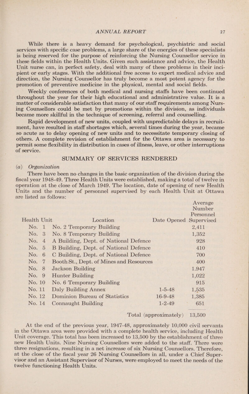 While there is a heavy demand for psychological, psychiatric and social services with specific case problems, a large share of the energies of these specialists is being reserved for the purpose of reinforcing the Nursing Counsellor service in these fields within the Health Units. Given such assistance and advice, the Health Unit nurse can, in perfect safety, deal with many of these problems in their inci¬ pient or early stages. With the additional free access to expert medical advice and direction, the Nursing Counsellor has truly become a most potent agency for the promotion of preventive medicine in the physical, mental and social fields. Weekly conferences of both medical and nursing staffs have been continued throughout the year for their high educational and administrative value. It is a matter of considerable satisfaction that many of our staff requirements among Nurs¬ ing Counsellors could be met by promotions within the division, as individuals became more skillful in the technique of screening, referral and counselling. Rapid development of new units, coupled with unpredictable delays in recruit¬ ment, have resulted in staff shortages which, several times during the year, became so acute as to delay opening of new units and to necessitate temporary closing of others. A complete revision of establishment for the Ottawa area is necessary to permit some flexibility in distribution in cases of illness, leave, or other interruptions of service. SUMMARY OF SERVICES RENDERED (a) Organization There have been no changes in the basic organization of the division during the fiscal year 1948-49. Three Health Units were established, making a total of twelve in operation at the close of March 1949. The location, date of opening of new Health Units and the number of personnel supervised by each Health Unit at Ottawa are listed Health as follows: Unit Location Date Opened Average Number Personnel Supervised No. 1 No. 2 Temporary Building 2,411 No. 3 No. 8 Temporary Building 1,352 No. 4 A Building, Dept, of National Defence 928 No. 5 B Building, Dept, of National Defence 410 No. 6 C Building, Dept, of National Defence 700 No. 7 Booth St., Dept, of Mines and Resources 400 No. 8 Jackson Building 1.947 No. 9 Hunter Building 1,022 No. 10 No. 6 Temporary Building 915 No. 11 Daly Building Annex 1-5-48 1,535 No. 12 Dominion Bureau of Statistics 16-9-48 1,385 No. 14 Connaught Building 1-2-49 651 Total (approximately) 13,500 At the end of the previous year, 1947-48, approximately 10,000 civil servants in the Ottawa area were provided with a complete health service, including Health Unit coverage. This total has been increased to 13,500 by the establishment of three new Health Units. Nine Nursing Counsellors were added to the staff. There were three resignations, resulting in a net increase of six Nursing Counsellors. Therefore, at the close of the fiscal year 26 Nursing Counsellors in all, under a Chief Super¬ visor and an Assistant Supervisor of Nurses, were employed to meet the needs of the twelve functioning Health Units.