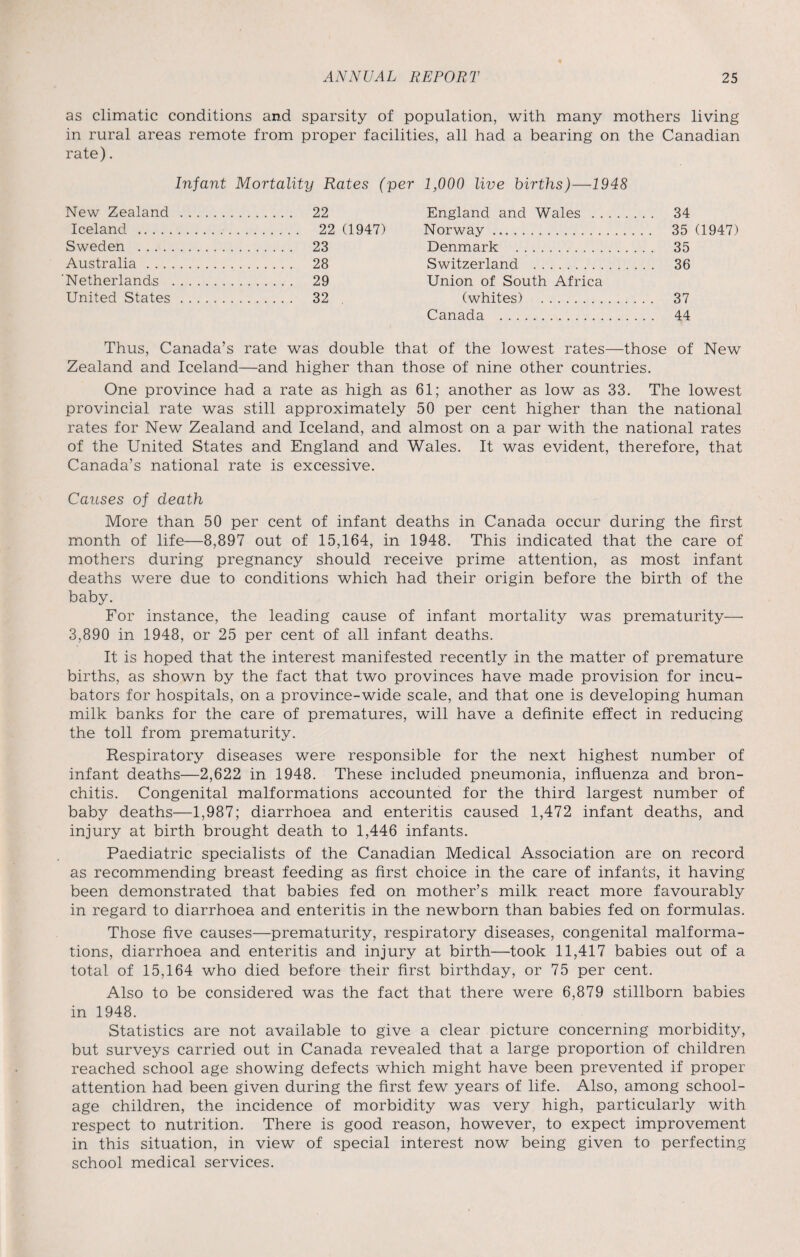 as climatic conditions and sparsity of population, with many mothers living in rural areas remote from proper facilities, all had a bearing on the Canadian rate). Infant Mortality Rates (per 1,000 live births)—1948 New Zealand . . 22 England and Wales . . . 34 Iceland . . 22 (1947) Norway. . . 35 (1947) Sweden . . 23 Denmark . 35 Australia . . 28 Switzerland . . . 36 Netherlands . . 29 Union of South Africa United States . . 32 (whites) . 37 Canada . . . 44 Thus, Canada’s rate was double that of the lowest rates—those of New Zealand and Iceland—and higher than those of nine other countries. One province had a rate as high as 61; another as low as 33. The lowest provincial rate was still approximately 50 per cent higher than the national rates for New Zealand and Iceland, and almost on a par with the national rates of the United States and England and Wales. It was evident, therefore, that Canada’s national rate is excessive. Causes of death More than 50 per cent of infant deaths in Canada occur during the first month of life—8,897 out of 15,164, in 1948. This indicated that the care of mothers during pregnancy should receive prime attention, as most infant deaths were due to conditions which had their origin before the birth of the baby. For instance, the leading cause of infant mortality was prematurity—- 3,890 in 1948, or 25 per cent of all infant deaths. It is hoped that the interest manifested recently in the matter of premature births, as shown by the fact that two provinces have made provision for incu¬ bators for hospitals, on a province-wide scale, and that one is developing human milk banks for the care of prematures, will have a definite effect in reducing the toll from prematurity. Respiratory diseases were responsible for the next highest number of infant deaths—2,622 in 1948. These included pneumonia, influenza and bron¬ chitis. Congenital malformations accounted for the third largest number of baby deaths—1,987; diarrhoea and enteritis caused 1,472 infant deaths, and injury at birth brought death to 1,446 infants. Paediatric specialists of the Canadian Medical Association are on record as recommending breast feeding as first choice in the care of infants, it having been demonstrated that babies fed on mother’s milk react more favourably in regard to diarrhoea and enteritis in the newborn than babies fed on formulas. Those five causes—prematurity, respiratory diseases, congenital malforma¬ tions, diarrhoea and enteritis and injury at birth—took 11,417 babies out of a total of 15,164 who died before their first birthday, or 75 per cent. Also to be considered was the fact that there were 6,879 stillborn babies in 1948. Statistics are not available to give a clear picture concerning morbidity, but surveys carried out in Canada revealed that a large proportion of children reached school age showing defects which might have been prevented if proper attention had been given during the first few years of life. Also, among school- age children, the incidence of morbidity was very high, particularly with respect to nutrition. There is good reason, however, to expect improvement in this situation, in view of special interest now being given to perfecting school medical services.