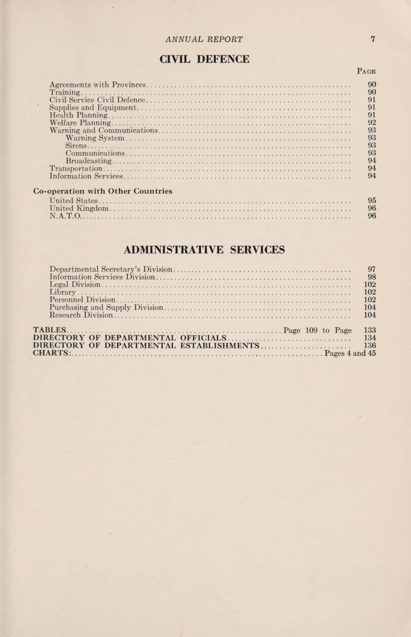 CIVIL DEFENCE Page Agreements with Provinces. 90 Training. 90 Civil Service Civil Defence. 91 Supplies and Equipment. 91 Health Planning. 91 Welfare Planning. 92 Warning and Communications. 93 Warning System. 93 Sirens. 93 Communications. 93 Broadcasting. 94 Transportation. 94 Information Services. 94 Co-operation with Other Countries United States. 95 United Kingdom. 96 N.A.T.0. 96 ADMINISTRATIVE SERVICES Departmental Secretary’s Division. 97 Information Services Division. 98 Legal Division. 102 Library. 102 Personnel Division. 102 Purchasing and Supply Division. 104 Research Division. 104 TABLES.Page 109 to Page 133 DIRECTORY OF DEPARTMENTAL OFFICIALS. 134 DIRECTORY OF DEPARTMENTAL ESTABLISHMENTS. 136 CHARTS:.Pages 4 and 45