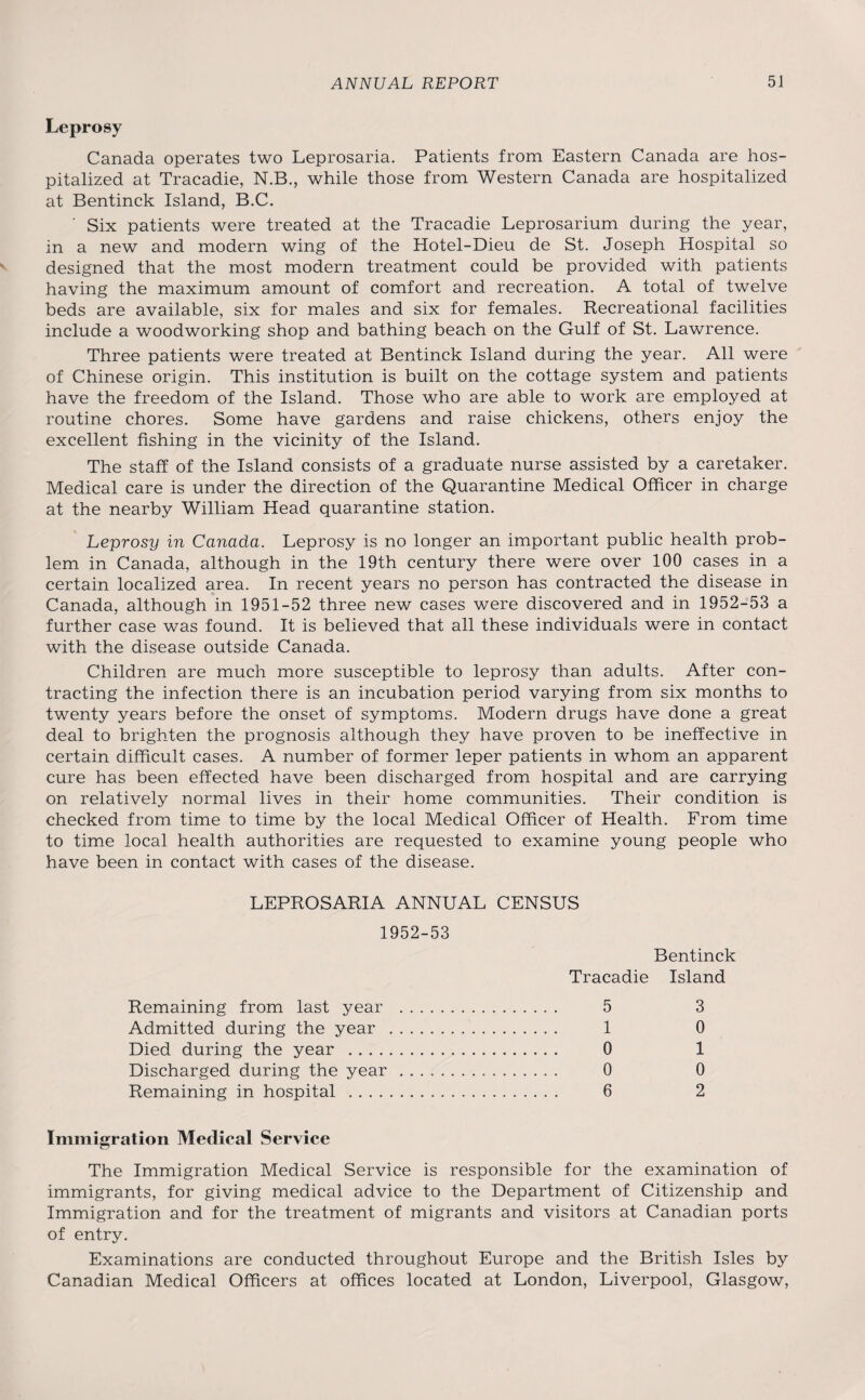 Leprosy Canada operates two Leprosaria. Patients from Eastern Canada are hos¬ pitalized at Tracadie, N.B., while those from Western Canada are hospitalized at Bentinck Island, B.C. Six patients were treated at the Tracadie Leprosarium during the year, in a new and modern wing of the Hotel-Dieu de St. Joseph Hospital so designed that the most modern treatment could be provided with patients having the maximum amount of comfort and recreation. A total of twelve beds are available, six for males and six for females. Recreational facilities include a woodworking shop and bathing beach on the Gulf of St. Lawrence. Three patients were treated at Bentinck Island during the year. All were of Chinese origin. This institution is built on the cottage system and patients have the freedom of the Island. Those who are able to work are employed at routine chores. Some have gardens and raise chickens, others enjoy the excellent fishing in the vicinity of the Island. The staff of the Island consists of a graduate nurse assisted by a caretaker. Medical care is under the direction of the Quarantine Medical Officer in charge at the nearby William Head quarantine station. Leprosy in Canada. Leprosy is no longer an important public health prob¬ lem in Canada, although in the 19th century there were over 100 cases in a certain localized area. In recent years no person has contracted the disease in Canada, although in 1951-52 three new cases were discovered and in 1952-53 a further case was found. It is believed that all these individuals were in contact with the disease outside Canada. Children are much more susceptible to leprosy than adults. After con¬ tracting the infection there is an incubation period varying from six months to twenty years before the onset of symptoms. Modern drugs have done a great deal to brighten the prognosis although they have proven to be ineffective in certain difficult cases. A number of former leper patients in whom an apparent cure has been effected have been discharged from hospital and are carrying on relatively normal lives in their home communities. Their condition is checked from time to time by the local Medical Officer of Health. From time to time local health authorities are requested to examine young people who have been in contact with cases of the disease. LEPROSARIA ANNUAL CENSUS 1952-53 Bentinck Tracadie Island Remaining from last year . 5 3 Admitted during the year . 1 0 Died during the year . 0 1 Discharged during the year. 0 0 Remaining in hospital . 6 2 Immigration Medical Service The Immigration Medical Service is responsible for the examination of immigrants, for giving medical advice to the Department of Citizenship and Immigration and for the treatment of migrants and visitors at Canadian ports of entry. Examinations are conducted throughout Europe and the British Isles by Canadian Medical Officers at offices located at London, Liverpool, Glasgow,