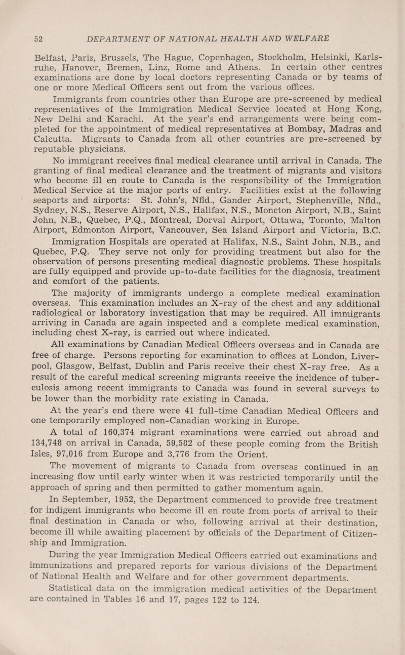 Belfast, Paris, Brussels, The Hague, Copenhagen, Stockholm, Helsinki, Karls¬ ruhe, Hanover, Bremen, Linz, Rome and Athens. In certain other centres examinations are done by local doctors representing Canada or by teams of one or more Medical Officers sent out from the various offices. Immigrants from countries other than Europe are pre-screened by medical representatives of the Immigration Medical Service located at Hong Kong, New Delhi and Karachi. At the year’s end arrangements were being com¬ pleted for the appointment of medical representatives at Bombay, Madras and Calcutta. Migrants to Canada from all other countries are pre-screened by reputable physicians. No immigrant receives final medical clearance until arrival in Canada. The granting of final medical clearance and the treatment of migrants and visitors who become ill en route to Canada is the responsibility of the Immigration Medical Service at the major ports of entry. Facilities exist at the following seaports and airports: St. John’s, Nfld., Gander Airport, Stephenville, Nfld., Sydney, N.S., Reserve Airport, N.S., Halifax, N.S., Moncton Airport, N.B., Saint John, N.B., Quebec, P.Q., Montreal, Dorval Airport, Ottawa, Toronto, Malton Airport, Edmonton Airport, Vancouver, Sea Island Airport and Victoria, B.C. Immigration Hospitals are operated at Halifax, N.S., Saint John, N.B., and Quebec, P.Q. They serve not only for providing treatment but also for the observation of persons presenting medical diagnostic problems. These hospitals are fully equipped and provide up-to-date facilities for the diagnosis, treatment and comfort of the patients. The majority of immigrants undergo a complete medical examination overseas. This examination includes an X-ray of the chest and any additional radiological or laboratory investigation that may be required. All immigrants arriving in Canada are again inspected and a complete medical examination, including chest X-ray, is carried out where indicated. All examinations by Canadian Medical Officers overseas and in Canada are free of charge. Persons reporting for examination to offices at London, Liver¬ pool, Glasgow, Belfast, Dublin and Paris receive their chest X-ray free. As a result of the careful medical screening migrants receive the incidence of tuber¬ culosis among recent immigrants to Canada was found in several surveys to be lower than the morbidity rate existing in Canada. At the year’s end there were 41 full-time Canadian Medical Officers and one temporarily employed non-Canadian working in Europe. A total of 160,374 migrant examinations were carried out abroad and 134,748 on arrival in Canada, 59,582 of these people coming from the British Isles, 97,016 from Europe and 3,776 from the Orient. The movement of migrants to Canada from overseas continued in an increasing flow until early winter when it was restricted temporarily until the approach of spring and then permitted to gather momentum again. In September, 1952, the Department commenced to provide free treatment for indigent immigrants who become ill en route from ports of arrival to their final destination in Canada or who, following arrival at their destination, become ill while awaiting placement by officials of the Department of Citizen¬ ship and Immigration. During the year Immigration Medical Officers carried out examinations and immunizations and prepared reports for various divisions of the Department of National Health and Welfare and for other government departments. Statistical data on the immigration medical activities of the Department are contained in Tables 16 and 17, pages 122 to 124.