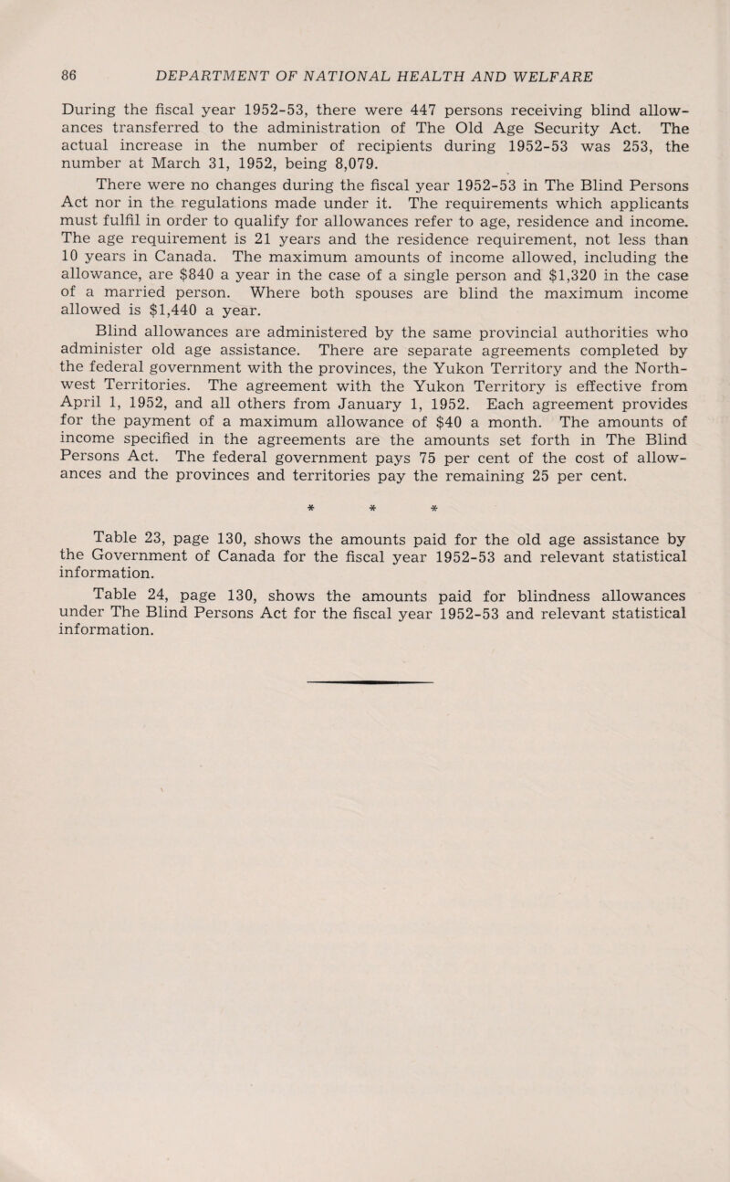 During the fiscal year 1952-53, there were 447 persons receiving blind allow¬ ances transferred to the administration of The Old Age Security Act. The actual increase in the number of recipients during 1952-53 was 253, the number at March 31, 1952, being 8,079. There were no changes during the fiscal year 1952-53 in The Blind Persons Act nor in the regulations made under it. The requirements which applicants must fulfil in order to qualify for allowances refer to age, residence and income. The age requirement is 21 years and the residence requirement, not less than 10 years in Canada. The maximum amounts of income allowed, including the allowance, are $840 a year in the case of a single person and $1,320 in the case of a married person. Where both spouses are blind the maximum income allowed is $1,440 a year. Blind allowances are administered by the same provincial authorities who administer old age assistance. There are separate agreements completed by the federal government with the provinces, the Yukon Territory and the North¬ west Territories. The agreement with the Yukon Territory is effective from April 1, 1952, and all others from January 1, 1952. Each agreement provides for the payment of a maximum allowance of $40 a month. The amounts of income specified in the agreements are the amounts set forth in The Blind Persons Act. The federal government pays 75 per cent of the cost of allow¬ ances and the provinces and territories pay the remaining 25 per cent. * * * Table 23, page 130, shows the amounts paid for the old age assistance by the Government of Canada for the fiscal year 1952-53 and relevant statistical information. Table 24, page 130, shows the amounts paid for blindness allowances under The Blind Persons Act for the fiscal year 1952-53 and relevant statistical information.