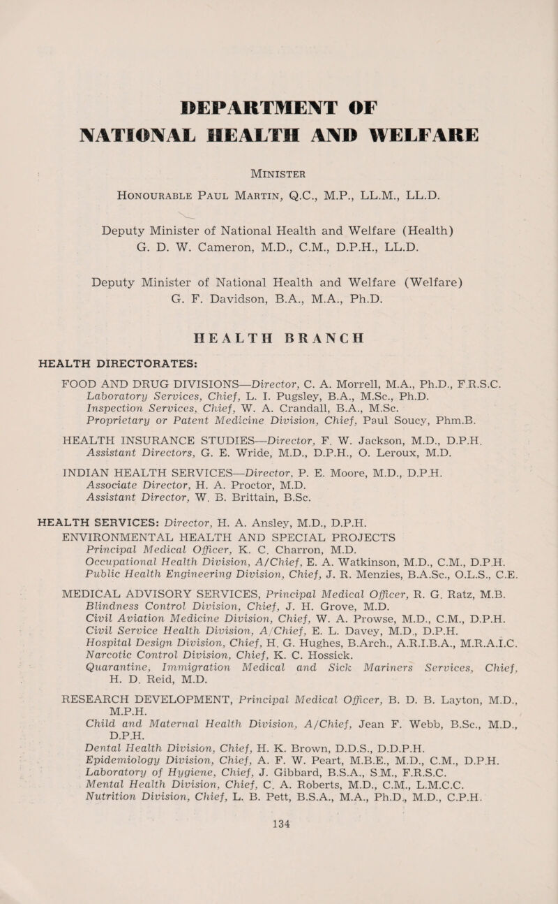 DEPARTMENT OF NATIONAL HEALTH AND WELFARE Minister Honourable Paul Martin, Q.C., M.P., LL.M., LL.D. Deputy Minister of National Health and Welfare (Health) G. D. W. Cameron, M.D., C.M., D.P.H., LL.D. Deputy Minister of National Health and Welfare (Welfare) G. F. Davidson, B.A., M.A., Ph.D. HEALTH BRANCH HEALTH DIRECTORATES: FOOD AND DRUG DIVISIONS—Director, C. A. Morrell, M.A., Ph.D., F.R.S.C. Laboratory Services, Chief, L. I. Pugsley, B.A., M.Sc., Ph.D. Inspection Services, Chief, W. A. Crandall, B.A., M.Sc. Proprietary or Patent Medicine Division, Chief, Paul Soucy, Phm.B. HEALTH INSURANCE STUDIES—Director, F. W. Jackson, M.D., D.P.H. Assistant Directors, G. E. Wride, M.D., D.P.H., O. Leroux, M.D. INDIAN HEALTH SERVICES—Director, P. E. Moore, M.D., D.P.H. Associate Director, H. A. Proctor, M.D. Assistant Director, W. B. Brittain, B.Sc. HEALTH SERVICES: Director, H. A. Ansley, M.D., D.P.H. ENVIRONMENTAL HEALTH AND SPECIAL PROJECTS Principal Medical Officer, K. C. Charron, M.D. Occupational Health Division, A/Chief, E. A. Watkinson, M.D., C.M., D.P.H. Public Health Engineering Division, Chief, J. R. Menzies, B.A.Sc., O.L.S., C.E. MEDICAL ADVISORY SERVICES, Principal Medical Officer, R. G. Ratz, M.B. Blindness Control Division, Chief, J. H. Grove, M.D. Civil Aviation Medicine Division, Chief, W. A. Prowse, M.D., C.M., D.P.H. Civil Service Health Division, A j Chief, E. L. Davey, M.D., D.P.H. Hospital Design Division, Chief, H. G. Hughes, B.Arch., A.R.I.B.A., M.R.A.I.C. Narcotic Control Division, Chief, K. C. Hossick. Quarantine, Immigration Medical and Sick Mariners Services, Chief, H. D. Reid, M.D. RESEARCH DEVELOPMENT, Principal Medical Officer, B. D. B. Layton, M.D., M.P.H. Child and Maternal Health Division, A/Chief, Jean F. Webb, B.Sc., M.D., D.P.H. Dental Health Division, Chief, H. K. Brown, D.D.S., D.D.P.H. Epidemiology Division, Chief, A. F. W. Peart, M.B.E., M.D., C.M., D.P.H. Laboratory of Hygiene, Chief, J. Gibbard, B.S.A., S.M., F.R.S.C. Mental Health Division, Chief, C. A. Roberts, M.D., C.M., L.M.C.C. Nutrition Division, Chief, L. B. Pett, B.S.A., M.A., Ph.D., M.D., C.P.H.