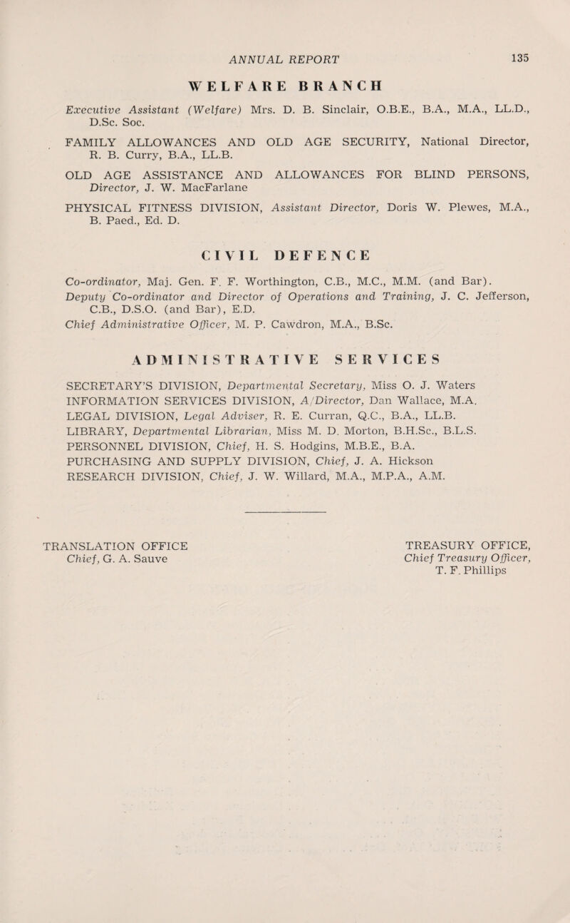 WELFARE BRANCH Executive Assistant (Welfare) Mrs. D. B. Sinclair, O.B.E., B.A., M.A., LL.D., D.Sc. Soc. FAMILY ALLOWANCES AND OLD AGE SECURITY, National Director, R. B. Curry, B.A., LL.B. OLD AGE ASSISTANCE AND ALLOWANCES FOR BLIND PERSONS, Director, J. W. MacFarlane PHYSICAL FITNESS DIVISION, Assistant Director, Doris W. Plewes, M.A., B. Paed., Ed. D. CIVIL DEFENCE Co-ordinator, Maj. Gen. F. F. Worthington, C.B., M.C., M.M. (and Bar). Deputy Co-ordinator and Director of Operations and Training, J. C. Jefferson, C.B., D.S.O. (and Bar), E.D. Chief Administrative Officer, M. P. Cawdron, M.A., B.Sc. A D M I N I S T R A T I V E SERVICES SECRETARY’S DIVISION, Departmental Secretary, Miss O. J. Waters INFORMATION SERVICES DIVISION, A/Director, Dan Wallace, M.A. LEGAL DIVISION, Legal Adviser, R. E. Curran, Q.C., B.A., LL.B. LIBRARY, Departmental Librarian, Miss M. D. Morton, B.H.Sc., B.L.S. PERSONNEL DIVISION, Chief, H. S. Hodgins, M.B.E., B.A. PURCHASING AND SUPPLY DIVISION, Chief, J. A. Hickson RESEARCH DIVISION, Chief, J. W. Willard, M.A., M.P.A., A.M. TRANSLATION OFFICE Chief, G. A. Sauve TREASURY OFFICE, Chief Treasury Officer, T. F. Phillips