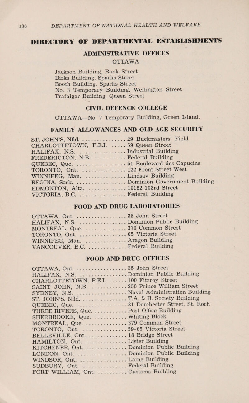 DIRECTORY OF DEPARTMENTAL ESTABLISHMENTS ADMINISTRATIVE OFFICES OTTAWA Jackson Building, Bank Street Birks Building, Sparks Street Booth Building, Sparks Street No. 3 Temporary Building, Wellington Street Trafalgar Building, Queen Street CIVIL DEFENCE COLLEGE OTTAWA—No. 7 Temporary Building, Green Island. FAMILY ALLOWANCES AND OLD AGE SECURITY ST. JOHN’S, Nfld.29 Buckmasters’ Field CHARLOTTETOWN, P.E.1.59 Queen Street HALIFAX, N.S.Industrial Building FREDERICTON, N.B.Federal Building QUEBEC, Que.51 Boulevard des Capucins TORONTO, Ont.122 Front Street West WINNIPEG, Man.Lindsay Building REGINA, Sask.Dominion Government Building EDMONTON, Alta. 10182 103rd Street VICTORIA, B.C.Federal Building FOOD AND DRUG LABORATORIES OTTAWA, Ont.35 John Street HALIFAX, N.S.Dominion Public Building MONTREAL, Que. 379 Common Street TORONTO, Ont.65 Victoria Street WINNIPEG, Man.Aragon Building VANCOUVER, B.C.Federal Building FOOD AND DRUG OFFICES OTTAWA, Ont. HALIFAX, N.S. CHARLOTTETOWN, P.E.I SAINT JOHN, N.B. SYDNEY, N.S. ST. JOHN’S, Nfld. QUEBEC, Que. THREE RIVERS, Que. SHERBROOKE, Que. MONTREAL, Que. TORONTO, Ont. BELLEVILLE, Ont. HAMILTON, Ont. KITCHENER, Ont. LONDON, Ont. WINDSOR, Ont. SUDBURY, Ont. FORT WILLIAM, Ont. . . . 35 John Street Dominion Public Building 100 Fitzroy Street 250 Prince William Street Naval Administration Building T.A. & B. Society Building 81 Dorchester Street, St. Roch Post Office Building Whiting Block 379 Common Street 59-65 Victoria Street 18 Bridge Street Lister Building Dominion Public Building Dominion Public Building Laing Building Federal Building Customs Building