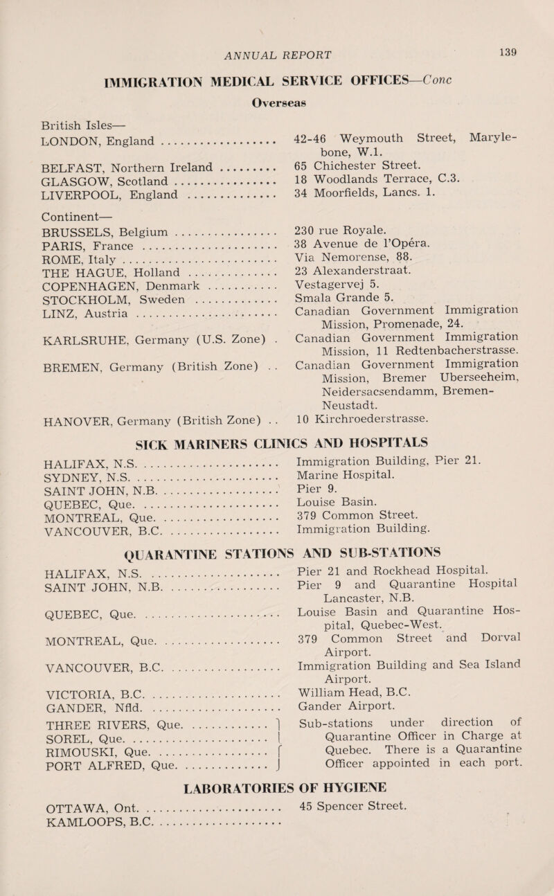 IMMIGRATION MEDICAL SERVICE OFFICES—Cone Overseas British Isles— LONDON, England. BELFAST, Northern Ireland. GLASGOW, Scotland. LIVERPOOL, England . Continent— BRUSSELS, Belgium. PARIS, France . ROME, Italy. THE HAGUE, Holland . COPENHAGEN, Denmark . STOCKHOLM, Sweden . LINZ, Austria .. KARLSRUHE, Germany (U.S. Zone) BREMEN, Germany (British Zone) HANOVER. Germany (British Zone) . . 42-46 Weymouth Street, Maryle- bone, W.l. 65 Chichester Street. 18 Woodlands Terrace, C.3. 34 Moorfields, Lancs. 1. 230 rue Royale. 38 Avenue de l’Opera. Via Nemorense, 88. 23 Alexanderstraat. Vestagervej 5. Smala Grande 5. Canadian Government Immigration Mission, Promenade, 24. Canadian Government Immigration Mission, 11 Redtenbacherstrasse. Canadian Government Immigration Mission, Bremer Uberseeheim, Neidersacsendamm, Bremen- Neustadt. 10 Kirchroederstrasse. SICK MARINERS CLINICS AND HOSPITALS HALIFAX. N.S. Immigration Building, Pier 21. SYDNEY, N.S. Marine Hospital. SAINT JOHN, N.B. Pier 9. QUEBEC, Que. Louise Basin. MONTREAL, Que.. 379 Common Street. VANCOUVER, B.C. Immigration Building. QUARANTINE STATIONS AND SUB-STATIONS HALIFAX, N.S. . . SAINT JOHN, N.B. QUEBEC, Que. MONTREAL, Que.. VANCOUVER, B.C. VICTORIA, B.C. GANDER, Nfld. THREE RIVERS, Que. ] SOREL, Que. 1 RIMOUSKI, Que. f PORT ALFRED, Que. J Pier 21 and Rockhead Hospital. Pier 9 and Quarantine Hospital Lancaster, N.B. Louise Basin and Quarantine Hos¬ pital, Quebec-West. 379 Common Street and Dorval Airport. Immigration Building and Sea Island Airport. William Head, B.C. Gander Airport. Sub-stations under direction of Quarantine Officer in Charge at Quebec. There is a Quarantine Officer appointed in each port. OTTAWA, Ont. . KAMLOOPS, B.C LABORATORIES OF HYGIENE .. 45 Spencer Street.