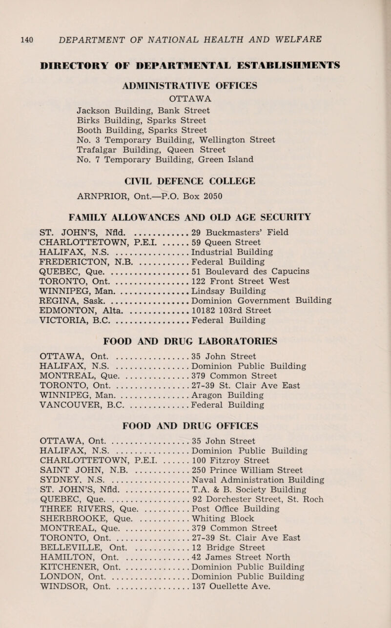 DIRECTORY OF DEPARTMENTAL ESTABLISHMENTS ADMINISTRATIVE OFFICES OTTAWA Jackson Building, Bank Street Birks Building, Sparks Street Booth Building, Sparks Street No. 3 Temporary Building, Wellington Street Trafalgar Building, Queen Street No. 7 Temporary Building, Green Island CIVIL DEFENCE COLLEGE ARNPRIOR, Ont.—P.O. Box 2050 FAMILY ALLOWANCES AND OLD AGE SECURITY ST. JOHN’S, Nfld. CHARLOTTETOWN, P.E.I HALIFAX, N.S. FREDERICTON, N.B. QUEBEC, Que. TORONTO, Ont. WINNIPEG, Man. REGINA, Sask. EDMONTON, Alta. VICTORIA, B.C. 29 Buckmasters’ Field 59 Queen Street Industrial Building Federal Building 51 Boulevard des Capucins 122 Front Street West Lindsay Building Dominion Government Building 10182 103rd Street Federal Building FOOD AND DRUG LABORATORIES OTTAWA, Ont.35 John Street HALIFAX, N.S.Dominion Public Building MONTREAL, Que. 379 Common Street TORONTO, Ont. 27-39 St. Clair Ave East WINNIPEG, Man.Aragon Building VANCOUVER, B.C.Federal Building FOOD AND DRUG OFFICES OTTAWA, Ont. HALIFAX, N.S. CHARLOTTETOWN, P.E.I SAINT JOHN, N.B. SYDNEY. N.S. ST. JOHN’S, Nfld. QUEBEC, Que. THREE RIVERS, Que. . . . SHERBROOKE, Que. MONTREAL, Que. TORONTO, Ont. BELLEVILLE, Ont. HAMILTON, Ont. KITCHENER, Ont. LONDON, Ont. WINDSOR, Ont. 35 John Street Dominion Public Building 100 Fitzroy Street 250 Prince William Street Naval Administration Building T.A. & B. Society Building 92 Dorchester Street, St. Roch Post Office Building Whiting Block 379 Common Street 27-39 St. Clair Ave East 12 Bridge Street 42 James Street North Dominion Public Building Dominion Public Building 137 Ouellette Ave.