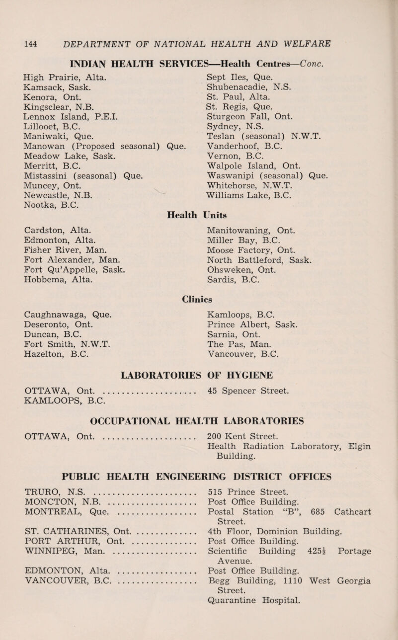 INDIAN HEALTH SERVICES—Health Centres—Cone. High Prairie, Alta. Kamsack, Sask. Kenora, Ont. Kingsclear, N.B. Lennox Island, P.E.I. Lillooet, B.C. Maniwaki, Que. Manowan (Proposed seasonal) Que. Meadow Lake, Sask. Merritt, B.C. Mistassini (seasonal) Que. Muncey, Ont. Newcastle, N.B. Nootka, B.C. Sept lies, Que. Shubenacadie, N.S. St. Paul, Alta. St. Regis, Que. Sturgeon Fall, Ont. Sydney, N.S. Teslan (seasonal) N.W.T. Vanderhoof, B.C. Vernon, B.C. Walpole Island, Ont. Waswanipi (seasonal) Que. Whitehorse, N.W.T. Williams Lake, B.C. Health Units Cardston, Alta. Edmonton, Alta. Fisher River, Man. Fort Alexander, Man. Fort Qu’Appelle, Sask. Hobbema, Alta. Manitowaning, Ont. Miller Bay, B.C. Moose Factory, Ont. North Battleford, Sask. Ohsweken, Ont. Sardis, B.C. Caughnawaga, Que. Deseronto, Ont. Duncan, B.C. Fort Smith, N.W.T. Hazelton, B.C. Clinics Kamloops, B.C. Prince Albert, Sask. Sarnia, Ont. The Pas, Man. Vancouver, B.C. LABORATORIES OF HYGIENE OTTAWA, Ont. 45 Spencer Street. KAMLOOPS, B.C. OCCUPATIONAL HEALTH LABORATORIES OTTAWA, Ont. 200 Kent Street. Health Radiation Laboratory, Elgin Building. PUBLIC HEALTH ENGINEERING DISTRICT OFFICES TRURO, N.S. 515 Prince Street. MONCTON, N.B. Post Office Building. MONTREAL, Que. Postal Station “B”, 685 Cathcart Street. ST. CATHARINES, Ont. 4th Floor, Dominion Building. PORT ARTHUR, Ont. Post Office Building. WINNIPEG, Man. Scientific Building 4251 Portage Avenue. EDMONTON, Alta. Post Office Building. VANCOUVER, B.C. Begg Building, 1110 West Georgia Street. Quarantine Hospital.