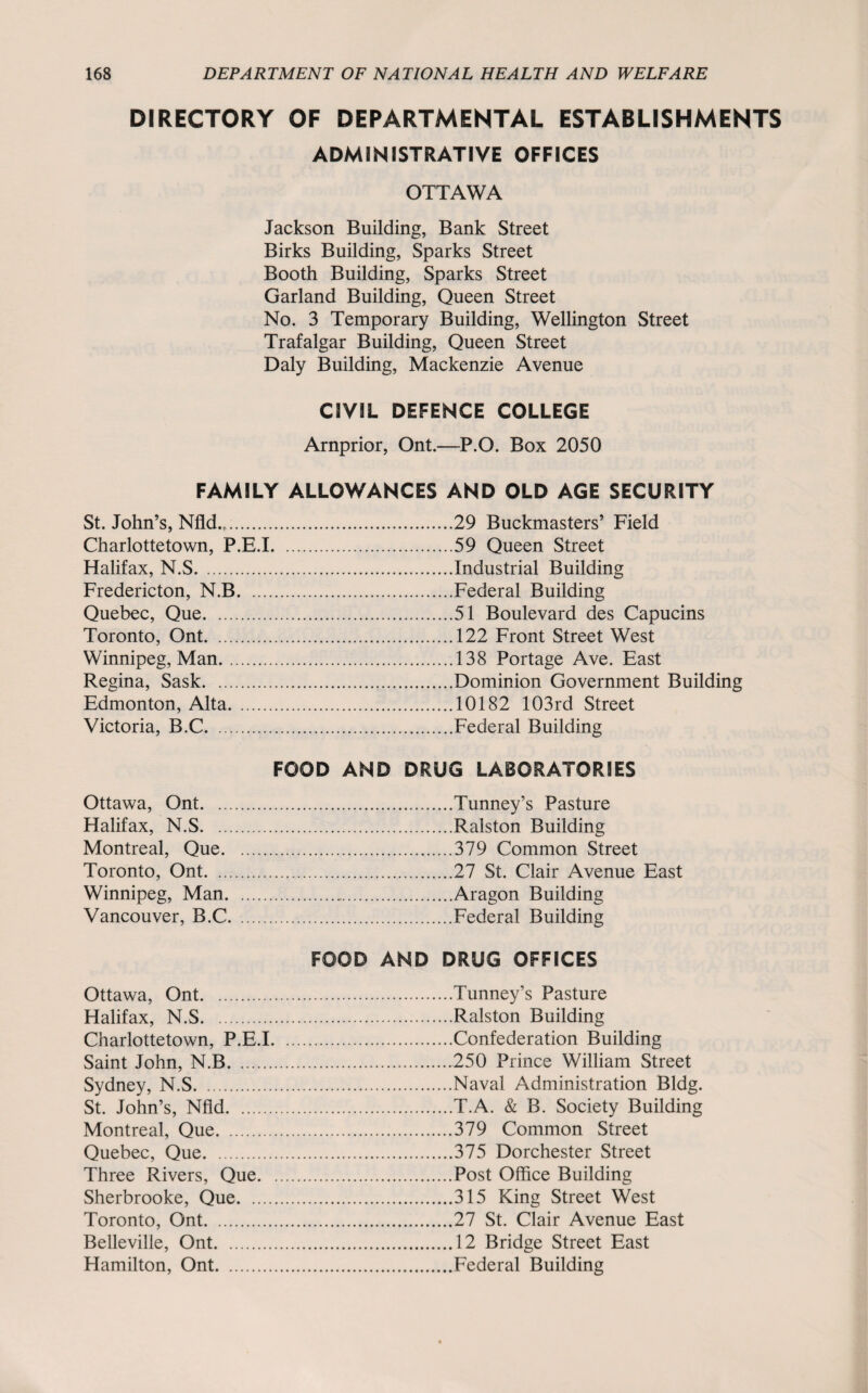 DIRECTORY OF DEPARTMENTAL ESTABLISHMENTS ADMINISTRATIVE OFFICES OTTAWA Jackson Building, Bank Street Birks Building, Sparks Street Booth Building, Sparks Street Garland Building, Queen Street No. 3 Temporary Building, Wellington Street Trafalgar Building, Queen Street Daly Building, Mackenzie Avenue CIVIL DEFENCE COLLEGE Arnprior, Ont.—P.O. Box 2050 FAMILY ALLOWANCES AND OLD AGE SECURITY St. John’s, Nfld.r..29 Buckmasters’ Field Charlottetown, P.E.1.59 Queen Street Halifax, N.S.Industrial Building Fredericton, N.B.Federal Building Quebec, Que.51 Boulevard des Capucins Toronto, Ont.122 Front Street West Winnipeg, Man.138 Portage Ave. East Regina, Sask.Dominion Government Building Edmonton, Alta.10182 103rd Street Victoria, B.C.Federal Building FOOD AND DRUG LABORATORIES Ottawa, Ont.Tunney’s Pasture Halifax, N.S.Ralston Building Montreal, Que.379 Common Street Toronto, Ont.27 St. Clair Avenue East Winnipeg, Man..Aragon Building Vancouver, B.C.Federal Building Ottawa, Ont. Halifax, N.S. Charlottetown, P.E.I Saint John, N.B. Sydney, N.S. St. John’s, Nfld. Montreal, Que. Quebec, Que. Three Rivers, Que. Sherbrooke, Que. Toronto, Ont. Belleville, Ont. Hamilton, Ont. FOOD AND DRUG OFFICES .Tunney’s Pasture .Ralston Building .Confederation Building .250 Prince William Street .Naval Administration Bldg. .T.A. & B. Society Building .379 Common Street .375 Dorchester Street .Post Office Building .315 King Street West .27 St. Clair Avenue East .12 Bridge Street East .Federal Building