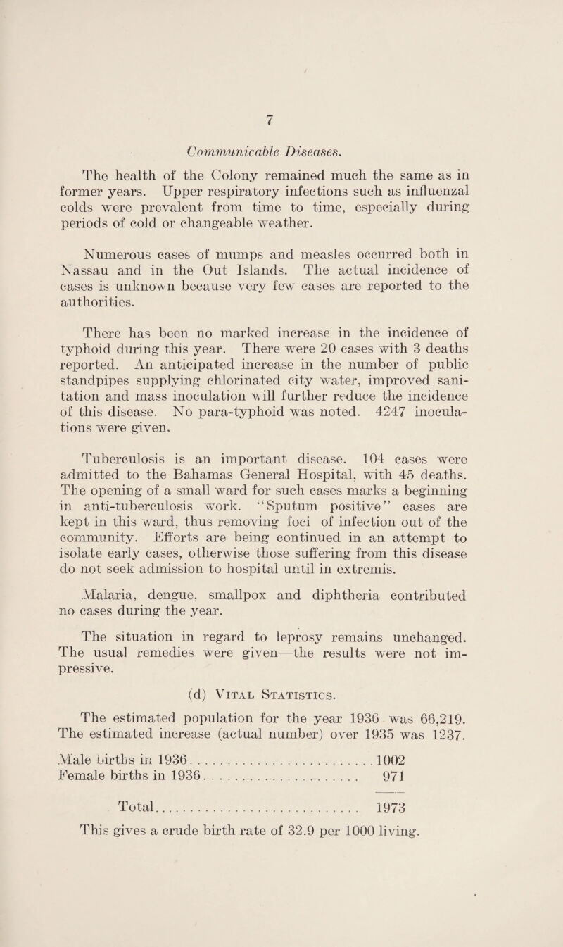 Communicable Diseases. The health of the Colony remained much the same as in former years. Upper respiratory infections such as influenzal colds were prevalent from time to time, especially during periods of cold or changeable weather. Numerous cases of mumps and measles occurred both in Nassau and in the Out Islands. The actual incidence of cases is unknown because very few cases are reported to the authorities. There has been no marked increase in the incidence of typhoid during this year. There were 20 cases with 3 deaths reported. An anticipated increase in the number of public standpipes supplying chlorinated city water, improved sani¬ tation and mass inoculation will further reduce the incidence of this disease. No para-typhoid was noted. 4247 inocula¬ tions were given. Tuberculosis is an important disease. 104 cases were admitted to the Bahamas General Hospital, with 45 deaths. The opening of a small ward for such cases marks a beginning in anti-tuberculosis work. “Sputum positive” cases are kept in this ward, thus removing foci of infection out of the community. Efforts are being continued in an attempt to isolate early cases, otherwise those suffering from this disease do not seek admission to hospital until in extremis. Malaria, dengue, smallpox and diphtheria contributed no cases during the year. The situation in regard to leprosy remains unchanged. The usual remedies were given—the results were not im¬ pressive. (d) Vital Statistics. The estimated population for the year 1936 was 66,219. The estimated increase (actual number) over 1935 was 1237. Male births in 1936.1002 Female births in 1936. 971 Total. 1973 This gives a crude birth rate of 32.9 per 1000 living.