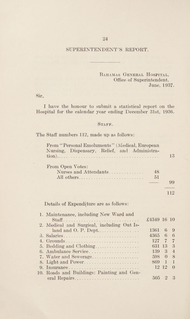 SUPERINTENDENT’S REPORT. Bahamas General Hospital. Office of Superintendent, June, 1937. I have the honour to submit a statistical report on the Hospital for the calendar year ending December 31st, 1936. Staff. The Staff numbers 112, made up as follows: From “Personal Emoluments” (Medical, European Nursing, Dispensary, Relief, and Administra¬ tion). 13 From Open Votes: Nurses and Attendants.. 48 All others..... 51 - 99 112 Details of Expenditure are as follows: 1. Maintenance, including New Ward and Staff... £4349 16 10 2. Medical and Surgical, including Out Is¬ land and O. P. Dept. 1361 6 9 3. Salaries. 4365 6 6 4. Grounds. 127 7 7 5. Bedding and Clothing. 631 13 3 6. Ambulance Service. 139 3 4 7. Water and Sewerage. 598 0 8 8. Light and Power. 869 1 1 9. Insurance. 12 12 0 10. Roads and Buildings: Painting and Gen¬ eral Repairs. 505 2 3