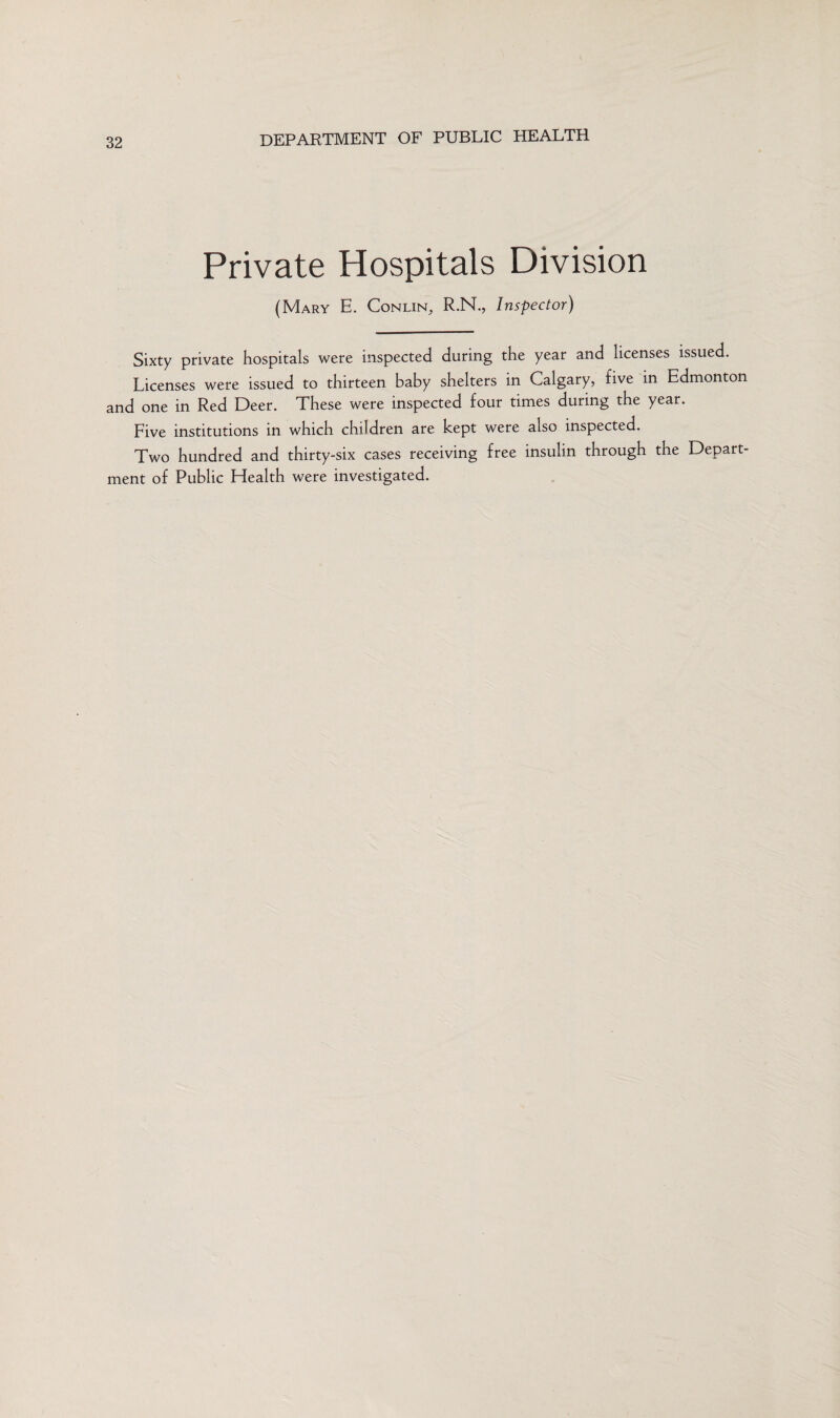 Private Hospitals Division (Mary E. Conlin, R.N., Inspector) Sixty private hospitals were inspected during the year and licenses issued. Licenses were issued to thirteen baby shelters in Calgary, five in Edmonton and one in Red Deer. These were inspected four times during the year. Five institutions in which children are kept were also inspected. Two hundred and thirty-six cases receiving free insulin through the Depart¬ ment of Public Health were investigated.