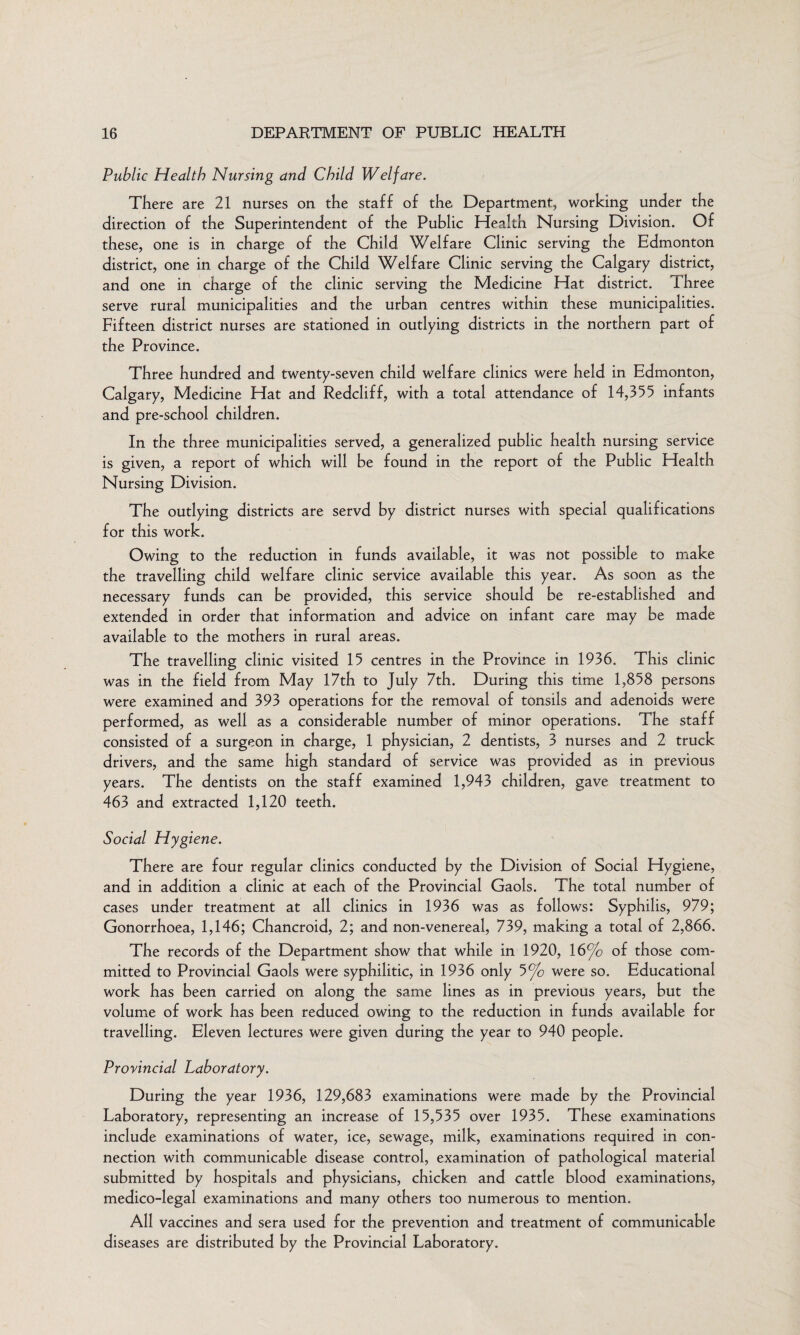 Public Health Nursing and Child Welfare. There are 21 nurses on the staff of the Department, working under the direction of the Superintendent of the Public Health Nursing Division. Of these, one is in charge of the Child Welfare Clinic serving the Edmonton district, one in charge of the Child Welfare Clinic serving the Calgary district, and one in charge of the clinic serving the Medicine Hat district. Three serve rural municipalities and the urban centres within these municipalities. Fifteen district nurses are stationed in outlying districts in the northern part of the Province. Three hundred and twenty-seven child welfare clinics were held in Edmonton, Calgary, Medicine Hat and Redcliff, with a total attendance of 14,355 infants and pre-school children. In the three municipalities served, a generalized public health nursing service is given, a report of which will be found in the report of the Public Health Nursing Division. The outlying districts are servd by district nurses with special qualifications for this work. Owing to the reduction in funds available, it was not possible to make the travelling child welfare clinic service available this year. As soon as the necessary funds can be provided, this service should be re-established and extended in order that information and advice on infant care may be made available to the mothers in rural areas. The travelling clinic visited 15 centres in the Province in 1936. This clinic was in the field from May 17th to July 7th. During this time 1,858 persons were examined and 393 operations for the removal of tonsils and adenoids were performed, as well as a considerable number of minor operations. The staff consisted of a surgeon in charge, 1 physician, 2 dentists, 3 nurses and 2 truck drivers, and the same high standard of service was provided as in previous years. The dentists on the staff examined 1,943 children, gave treatment to 463 and extracted 1,120 teeth. Social Hygiene. There are four regular clinics conducted by the Division of Social Hygiene, and in addition a clinic at each of the Provincial Gaols. The total number of cases under treatment at all clinics in 1936 was as follows: Syphilis, 979; Gonorrhoea, 1,146; Chancroid, 2; and non-venereal, 739, making a total of 2,866. The records of the Department show that while in 1920, 16% of those com¬ mitted to Provincial Gaols were syphilitic, in 1936 only 5% were so. Educational work has been carried on along the same lines as in previous years, but the volume of work has been reduced owing to the reduction in funds available for travelling. Eleven lectures were given during the year to 940 people. Provincial Laboratory. During the year 1936, 129,683 examinations were made by the Provincial Laboratory, representing an increase of 15,535 over 1935. These examinations include examinations of water, ice, sewage, milk, examinations required in con¬ nection with communicable disease control, examination of pathological material submitted by hospitals and physicians, chicken and cattle blood examinations, medico-legal examinations and many others too numerous to mention. All vaccines and sera used for the prevention and treatment of communicable diseases are distributed by the Provincial Laboratory.